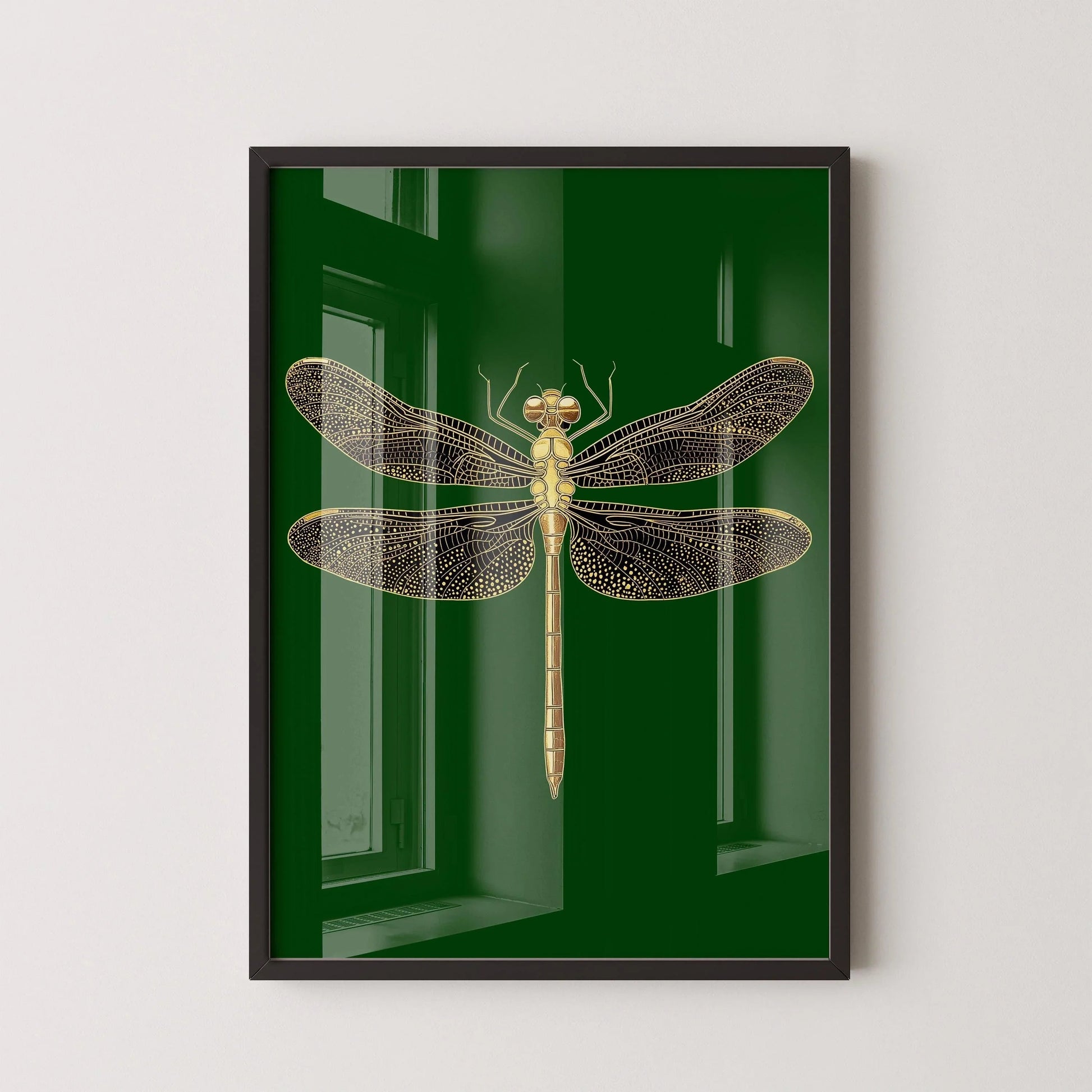 Estampe Libellule Dorée : Style Dark Academia Vert Émeraude