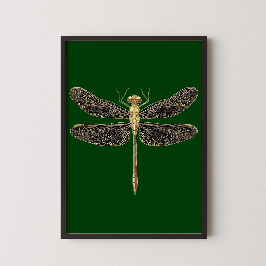 Estampe Libellule Dorée : Style Dark Academia Vert Émeraude