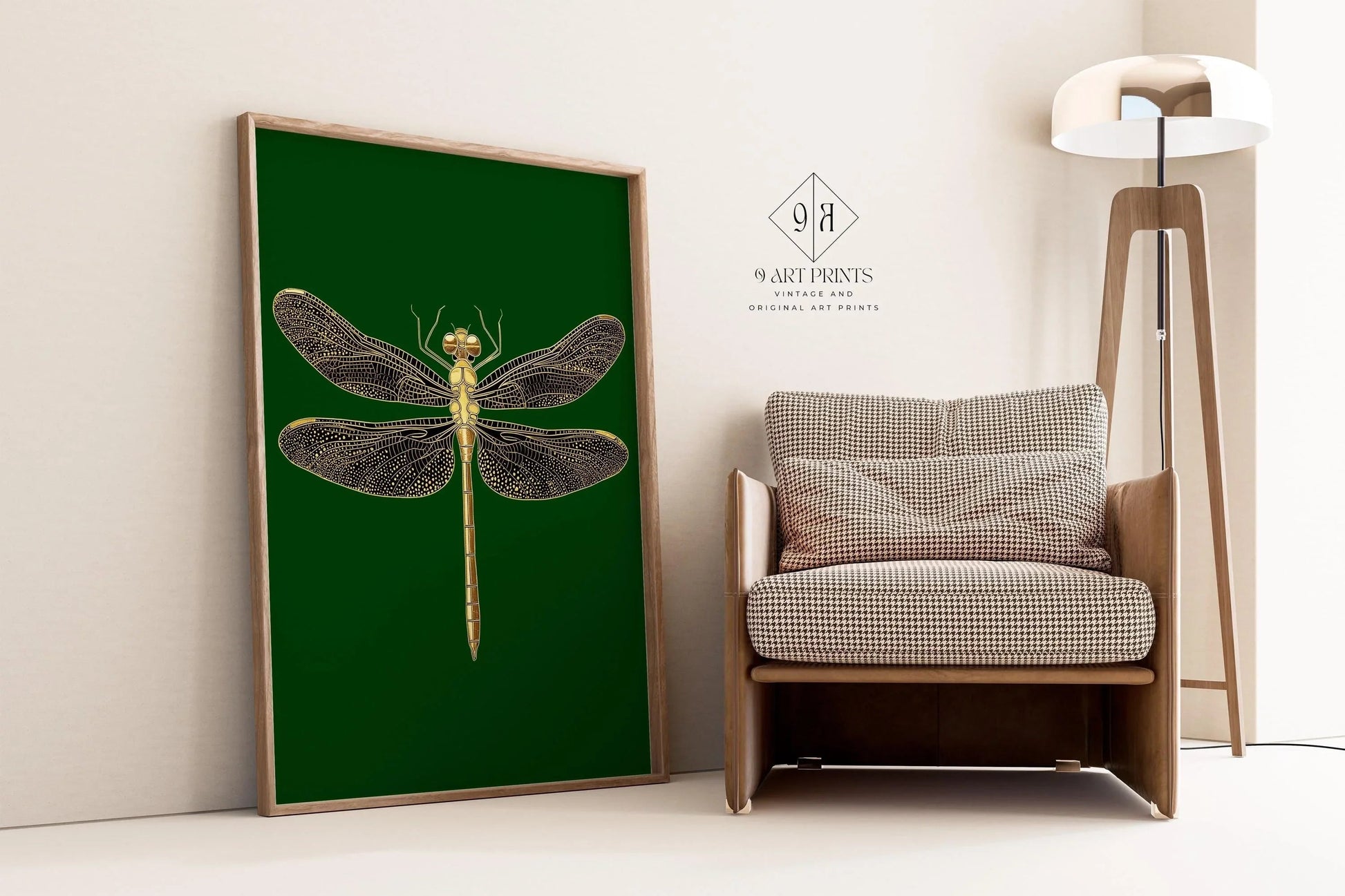 Estampe Libellule Dorée : Style Dark Academia Vert Émeraude