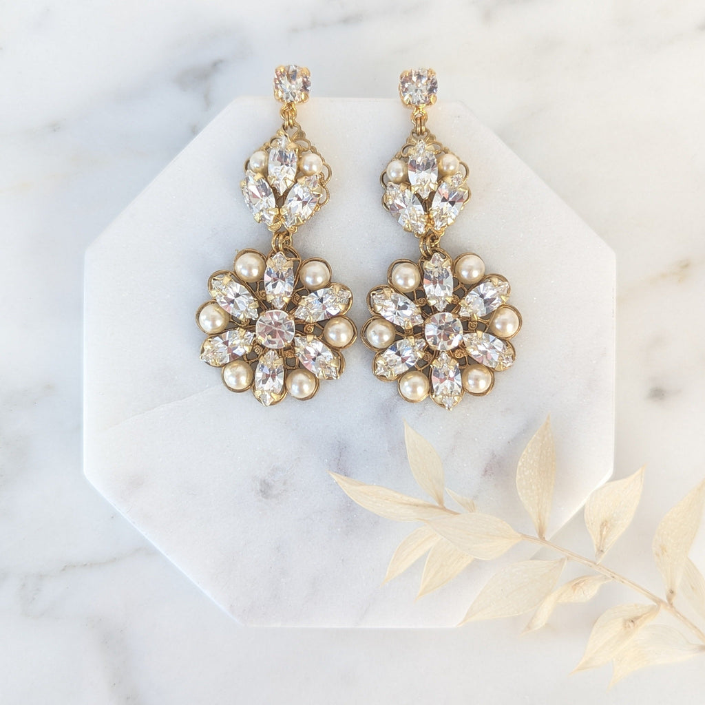 PHOEBE Filigree Crystal & Pearl Bridal Earrings