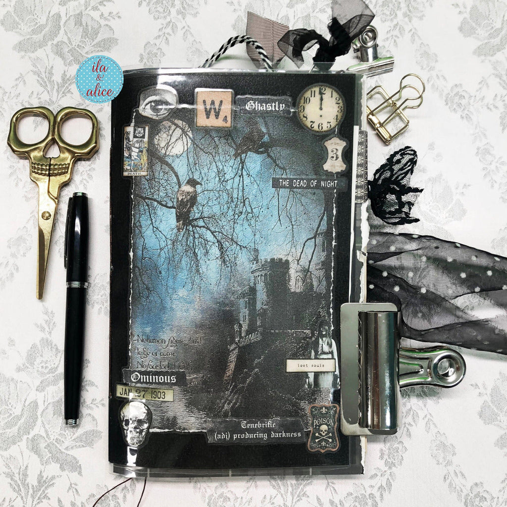 Dark Gothic Winter Junk Journal with Full Moon & Crow Collage Cover