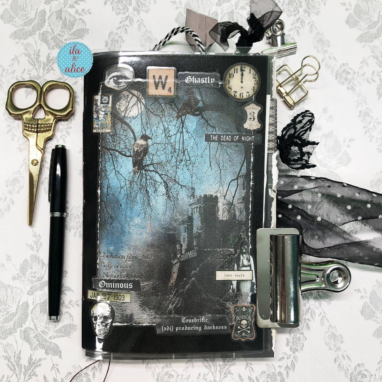 Dark Gothic Winter Junk Journal with Full Moon & Crow Collage Cover