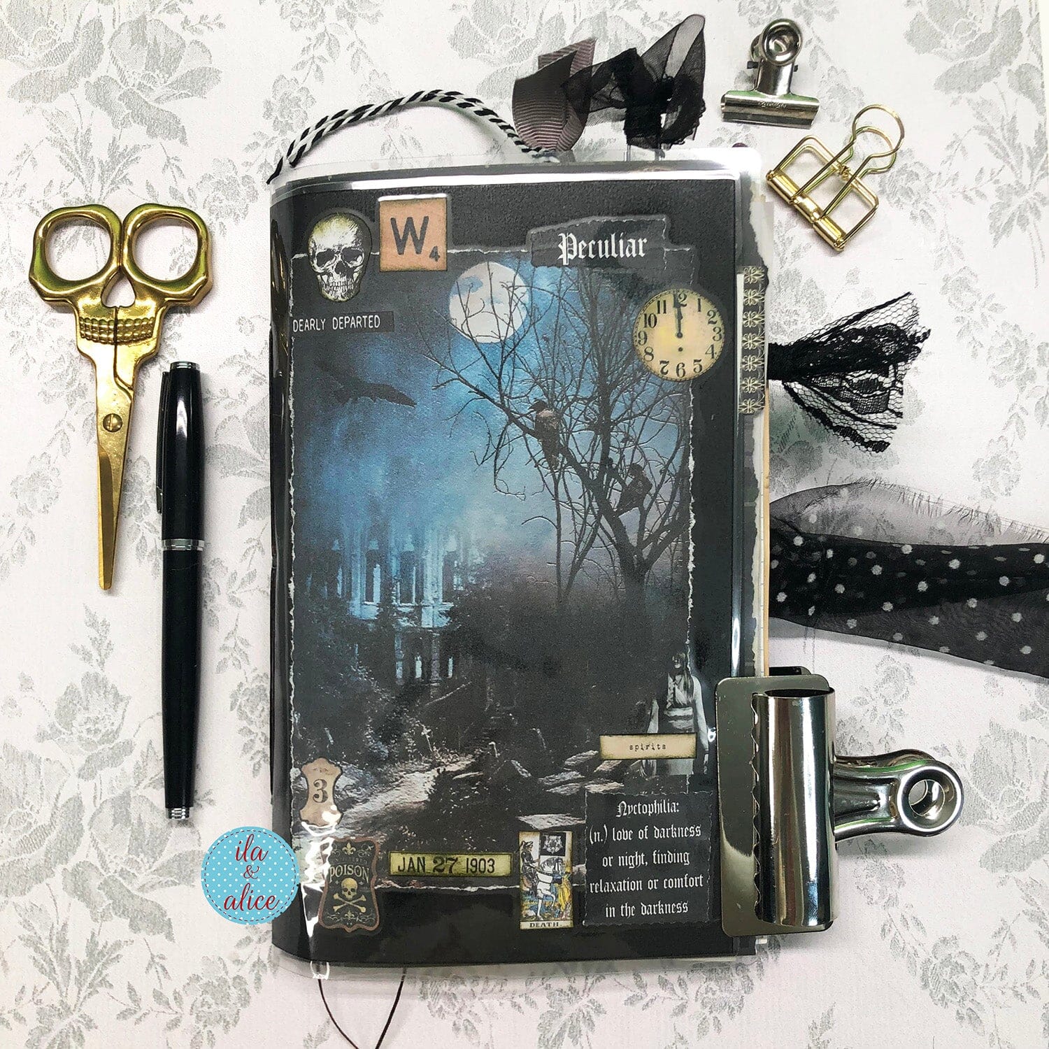 Winter Junk Journal with Full Moon & Crow Collage Cover