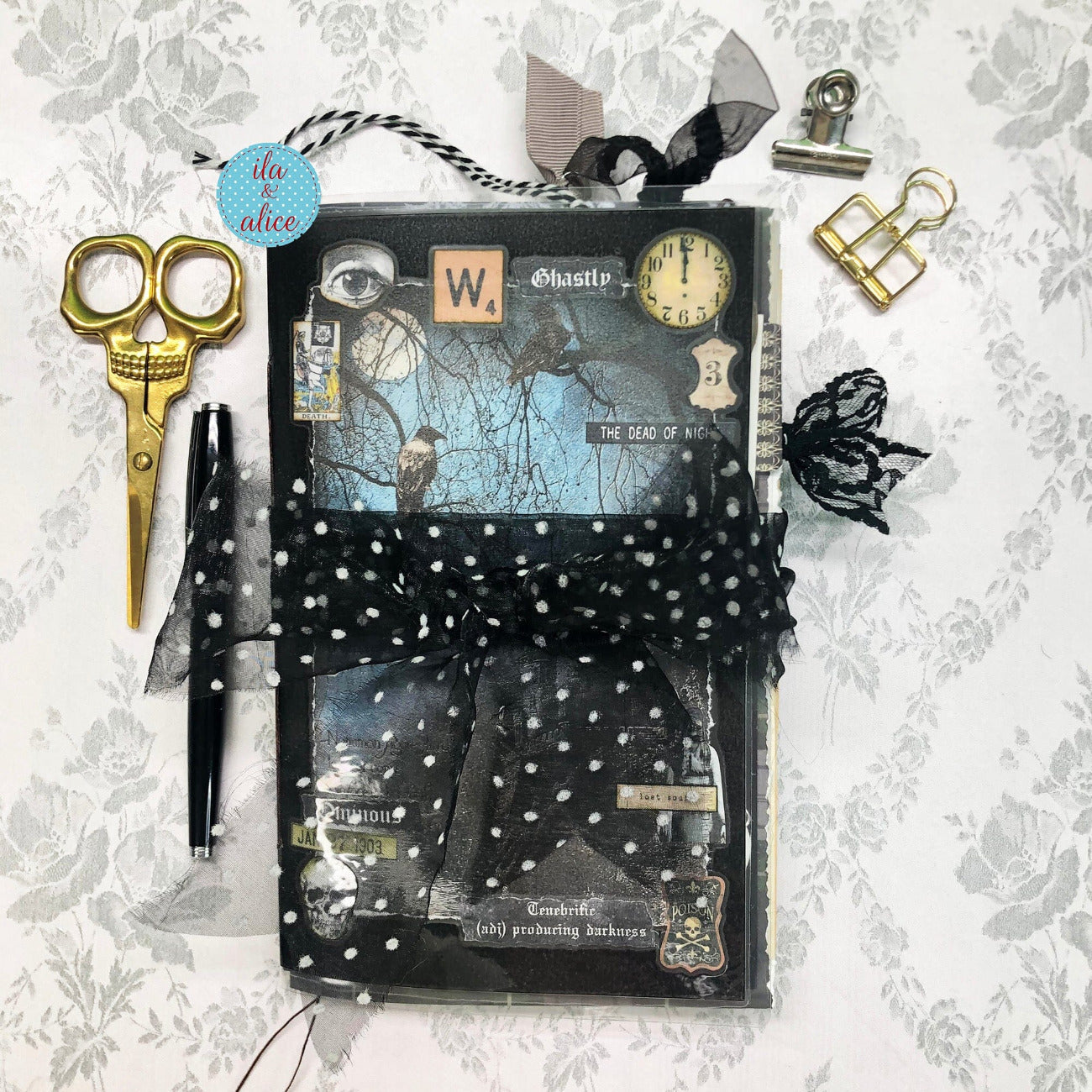 Dark Gothic Winter Junk Journal with Full Moon & Crow Collage Cover
