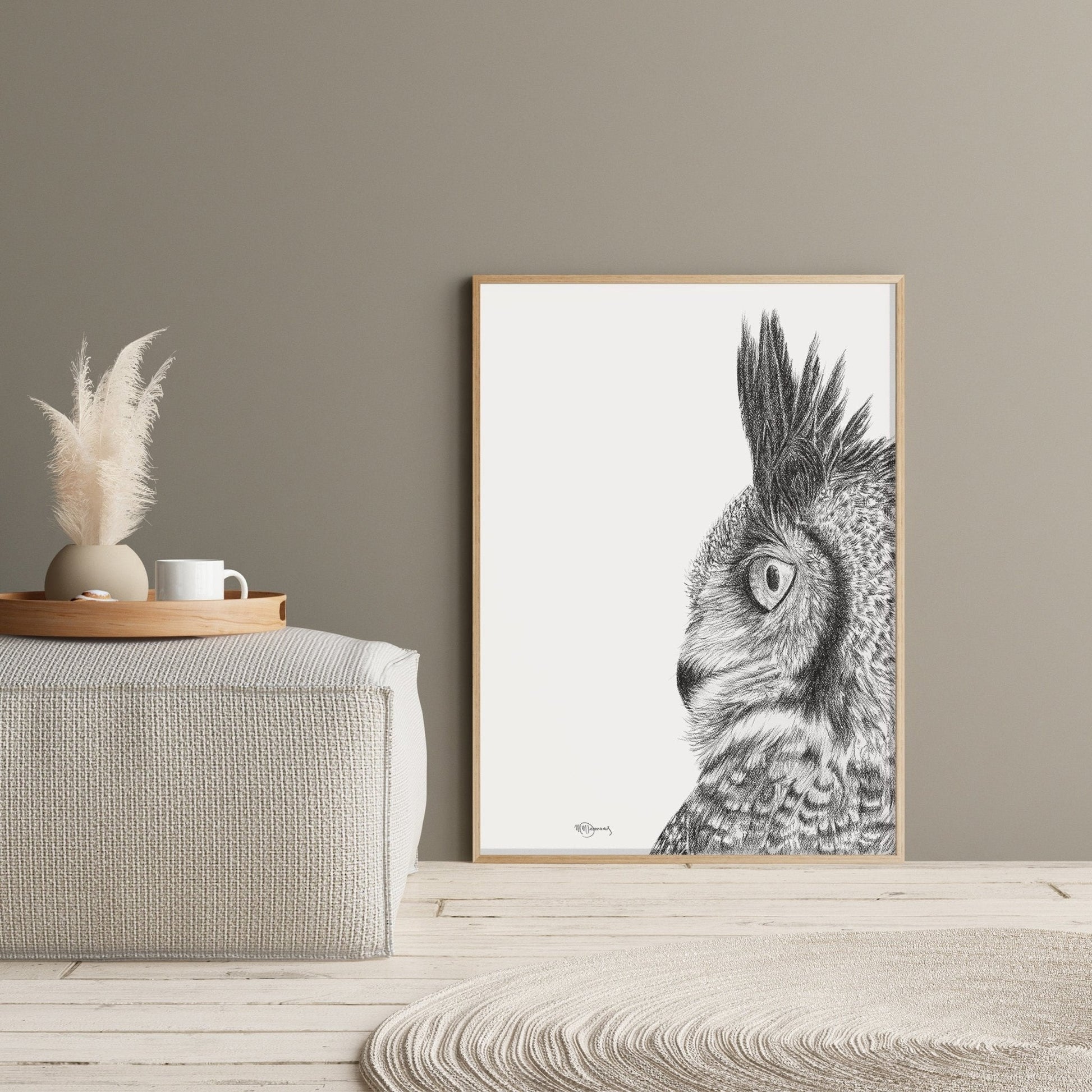 Great Horned Owl - Black and White Wildlife Art Print