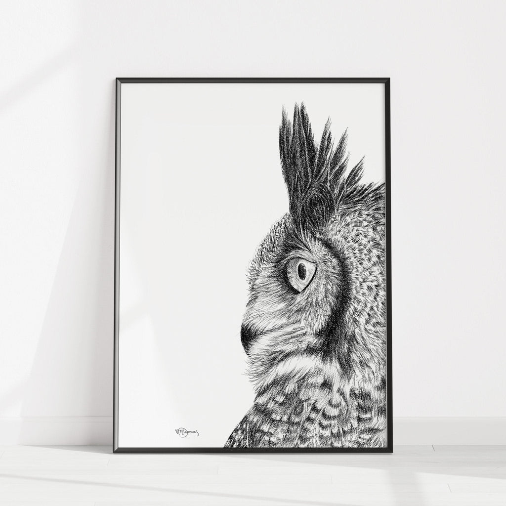 Great Horned Owl - Black and White Wildlife Art Print