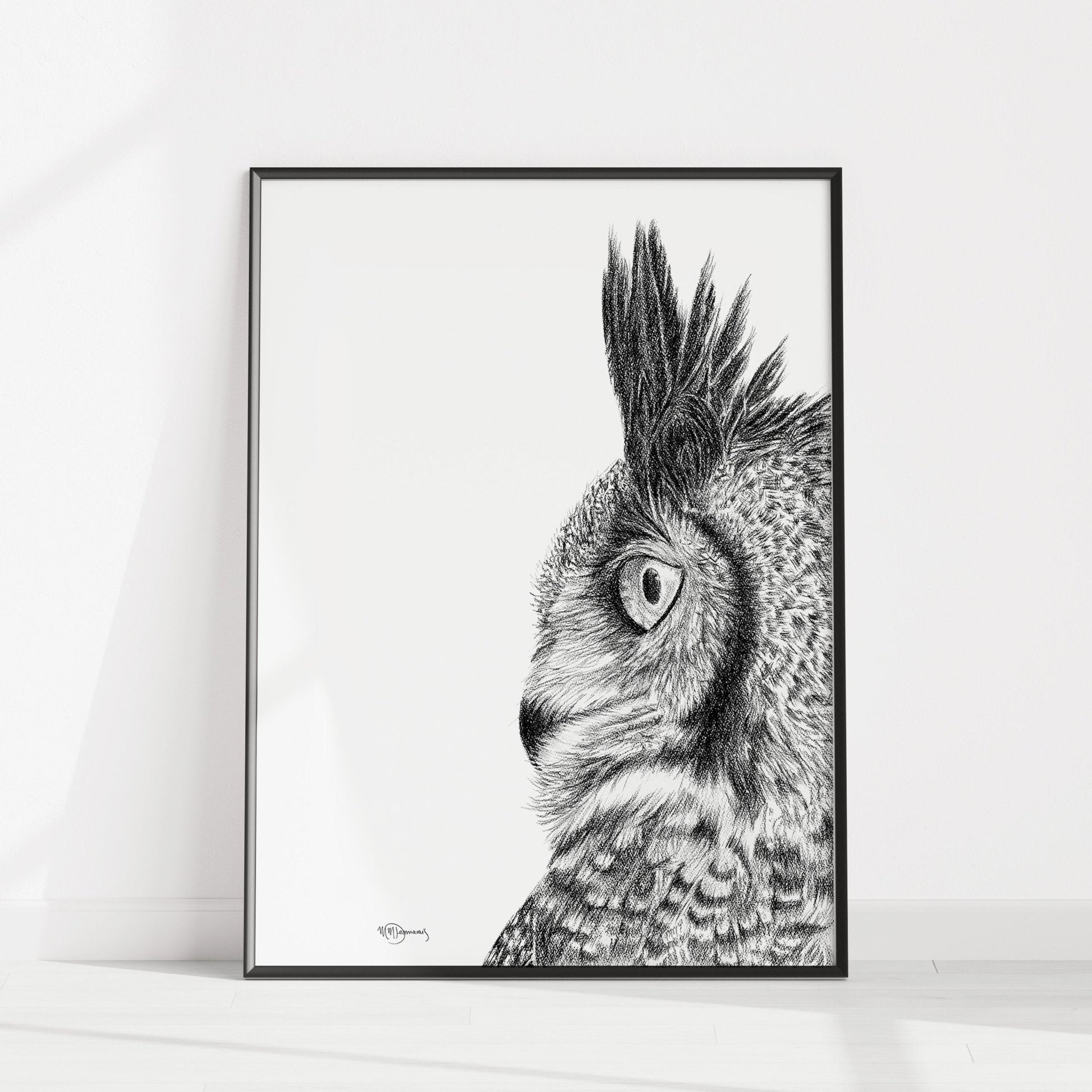 Great Horned Owl - Black and White Wildlife Art Print