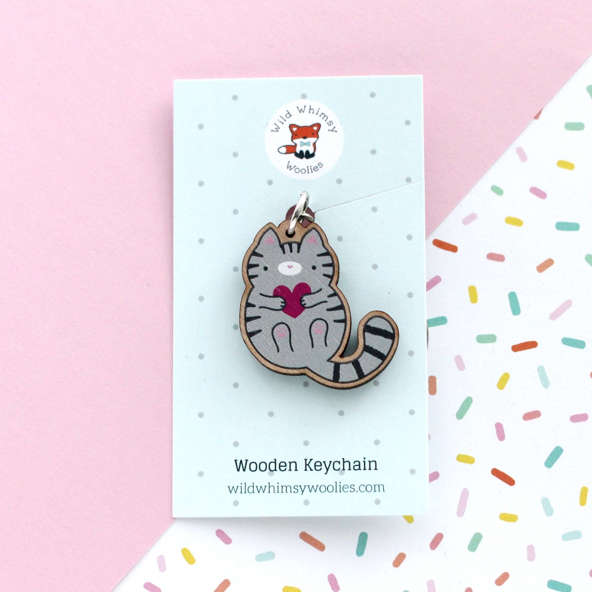 Porte-clés en bois chat tigré gris - Cadeau durable - Porte-clés mignon