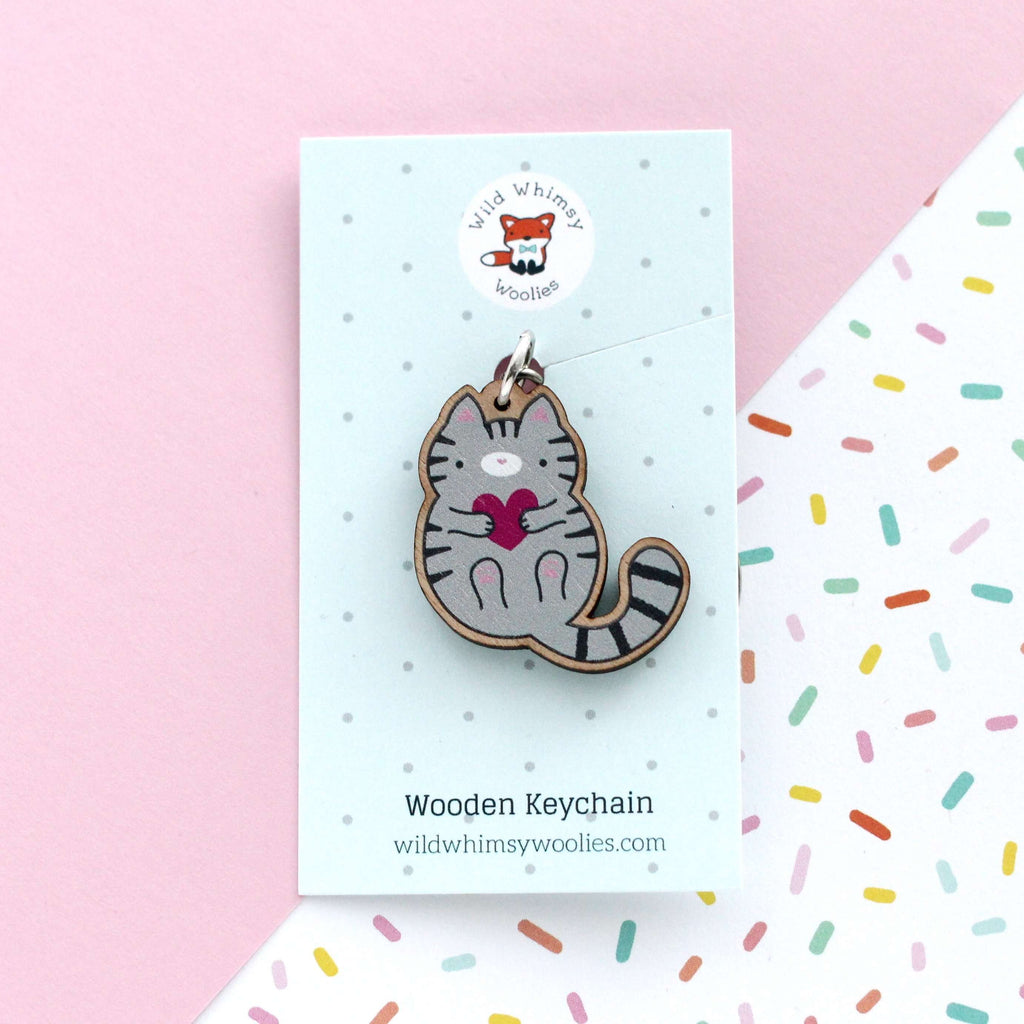 Porte-clés en bois chat tigré gris - Cadeau durable - Porte-clés mignon