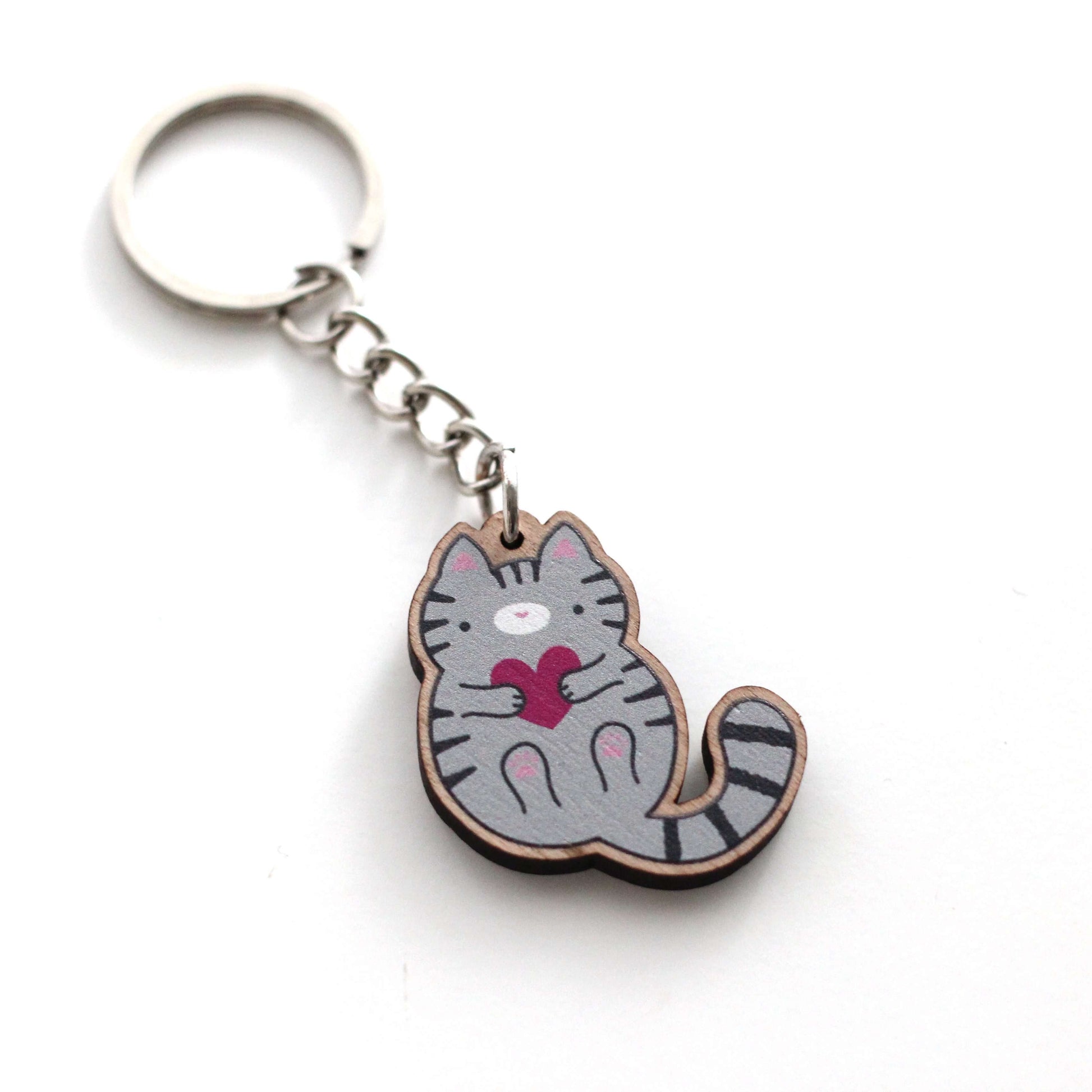 Porte-clés en bois chat tigré gris - Cadeau durable - Porte-clés mignon