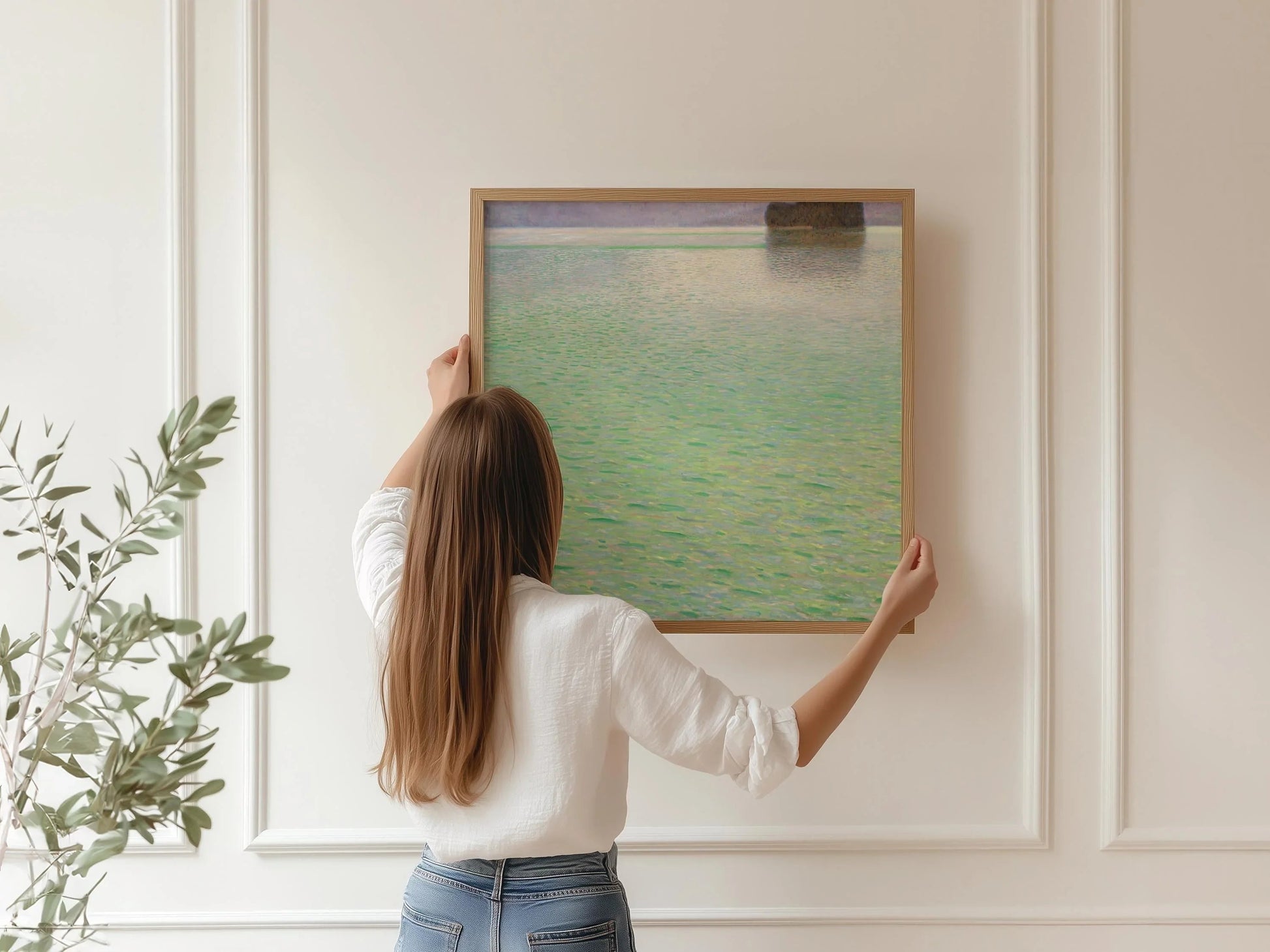 Estampe de Gustav Klimt sur l'île d'Attersee : Scène tranquille du lac vert