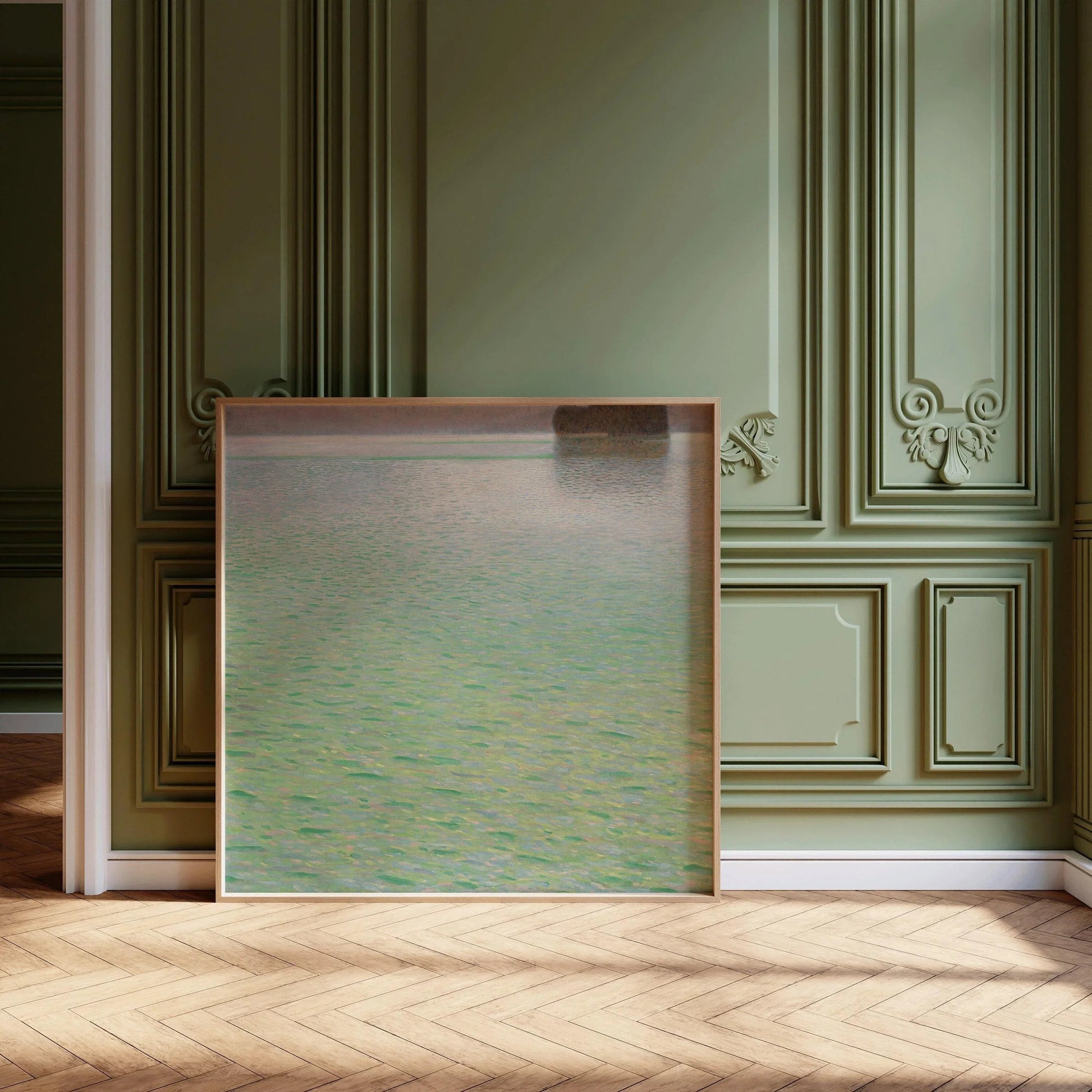 Estampe de Gustav Klimt sur l'île d'Attersee : Scène tranquille du lac vert