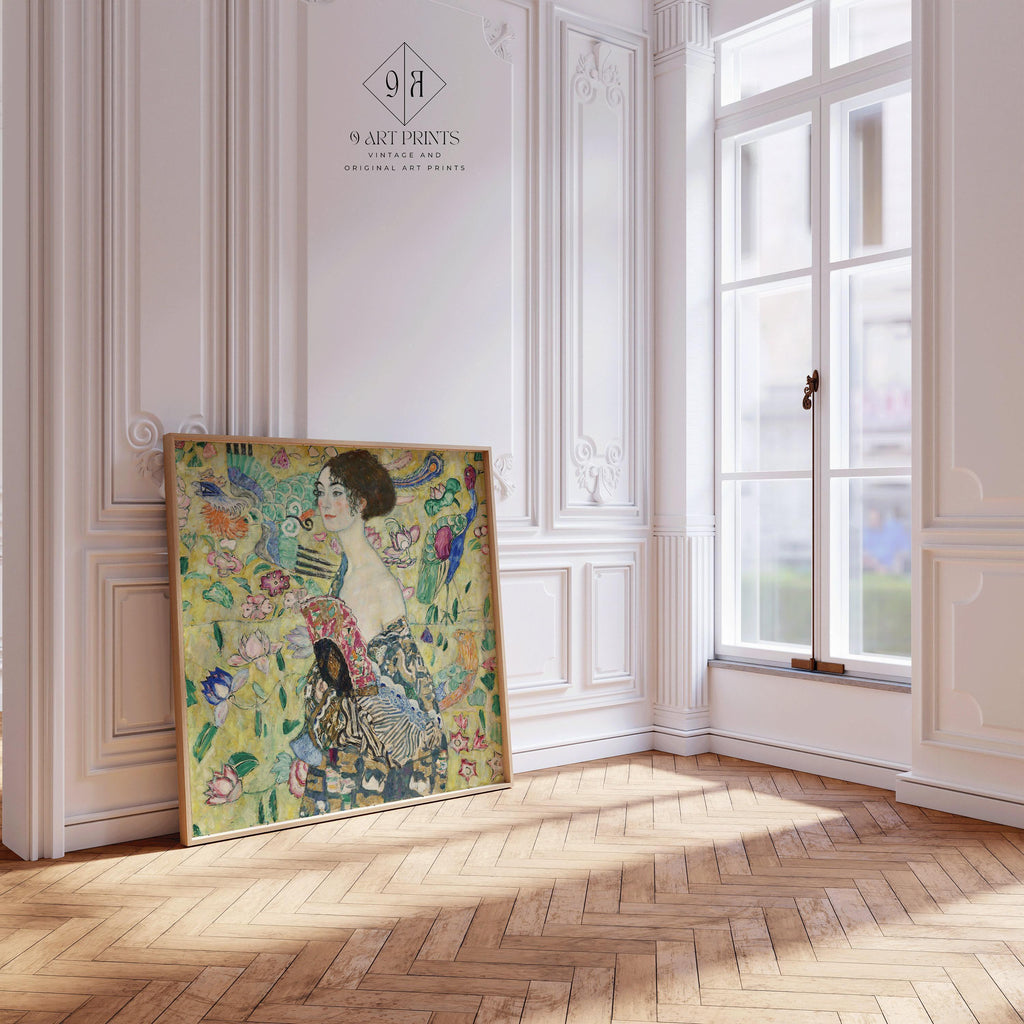 Estampe d'art de Gustav Klimt, Dame à l'éventail : Peinture verte vintage (1x1)