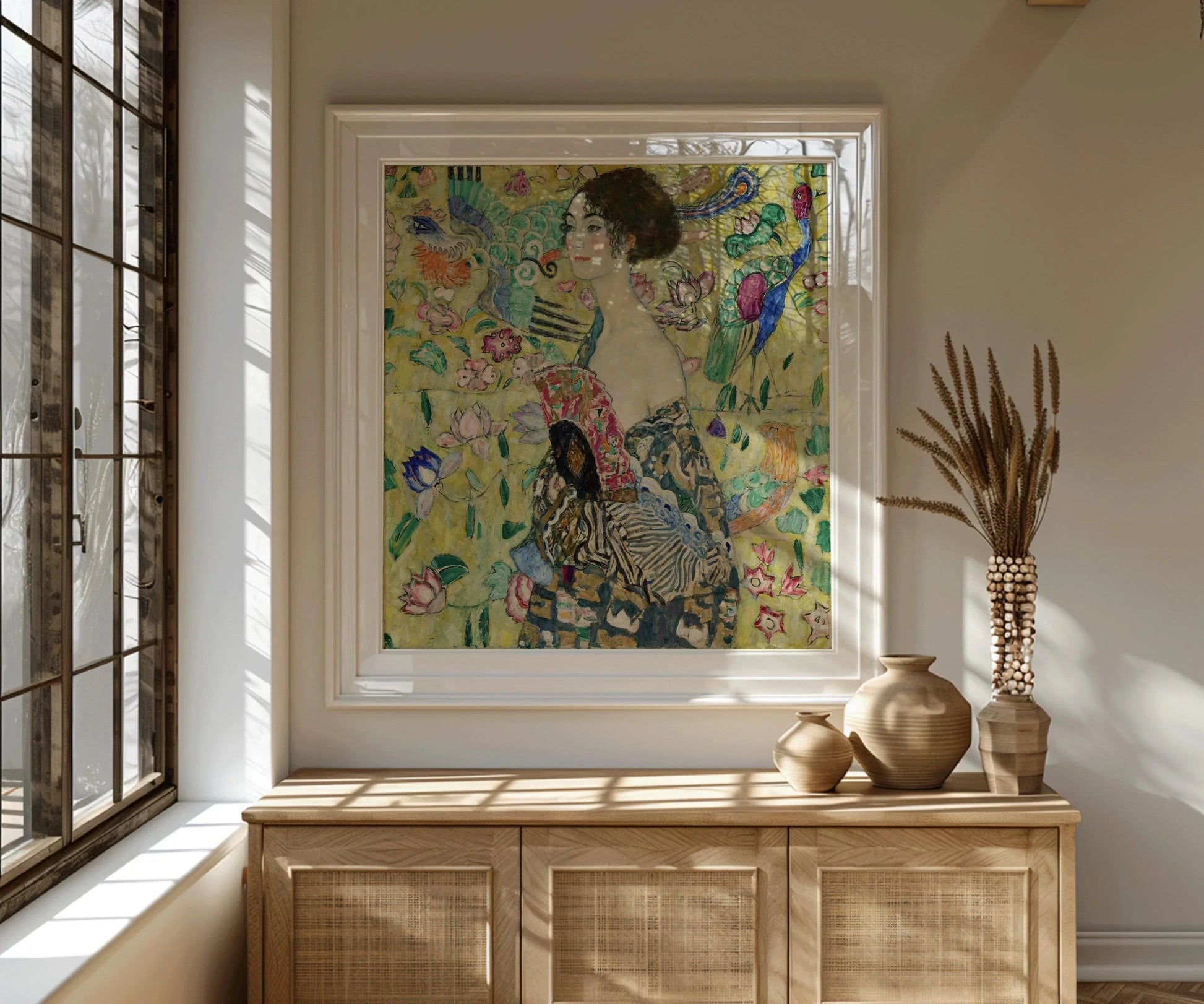 Estampe d'art de Gustav Klimt, Dame à l'éventail : Peinture verte vintage (1x1)