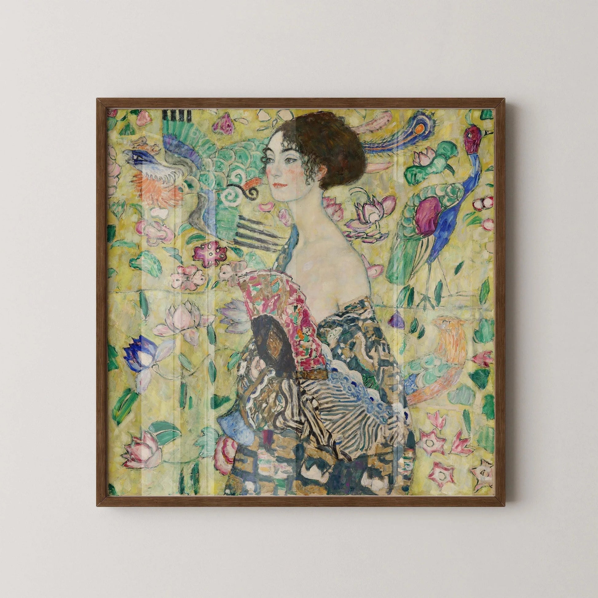 Estampe d'art de Gustav Klimt, Dame à l'éventail : Peinture verte vintage (1x1)