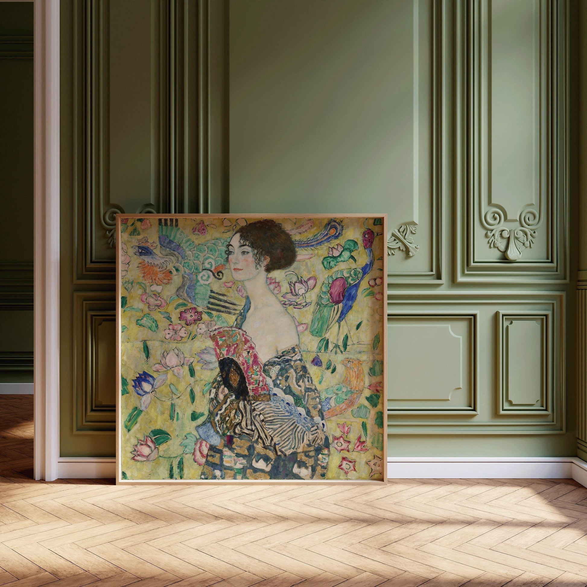 Estampe d'art de Gustav Klimt, Dame à l'éventail : Peinture verte vintage (1x1)