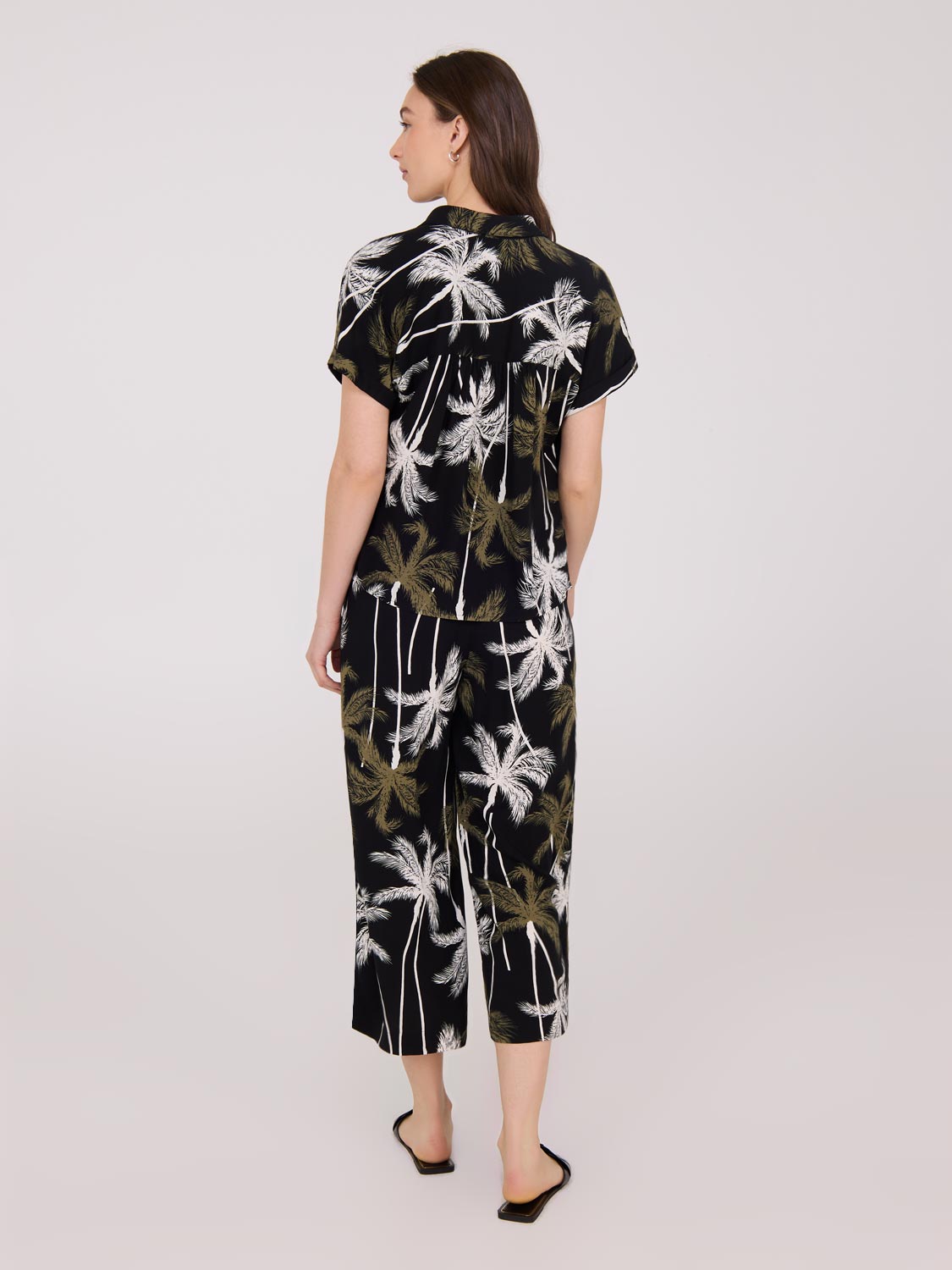 Palm Print Button-Front Bowling Shirt