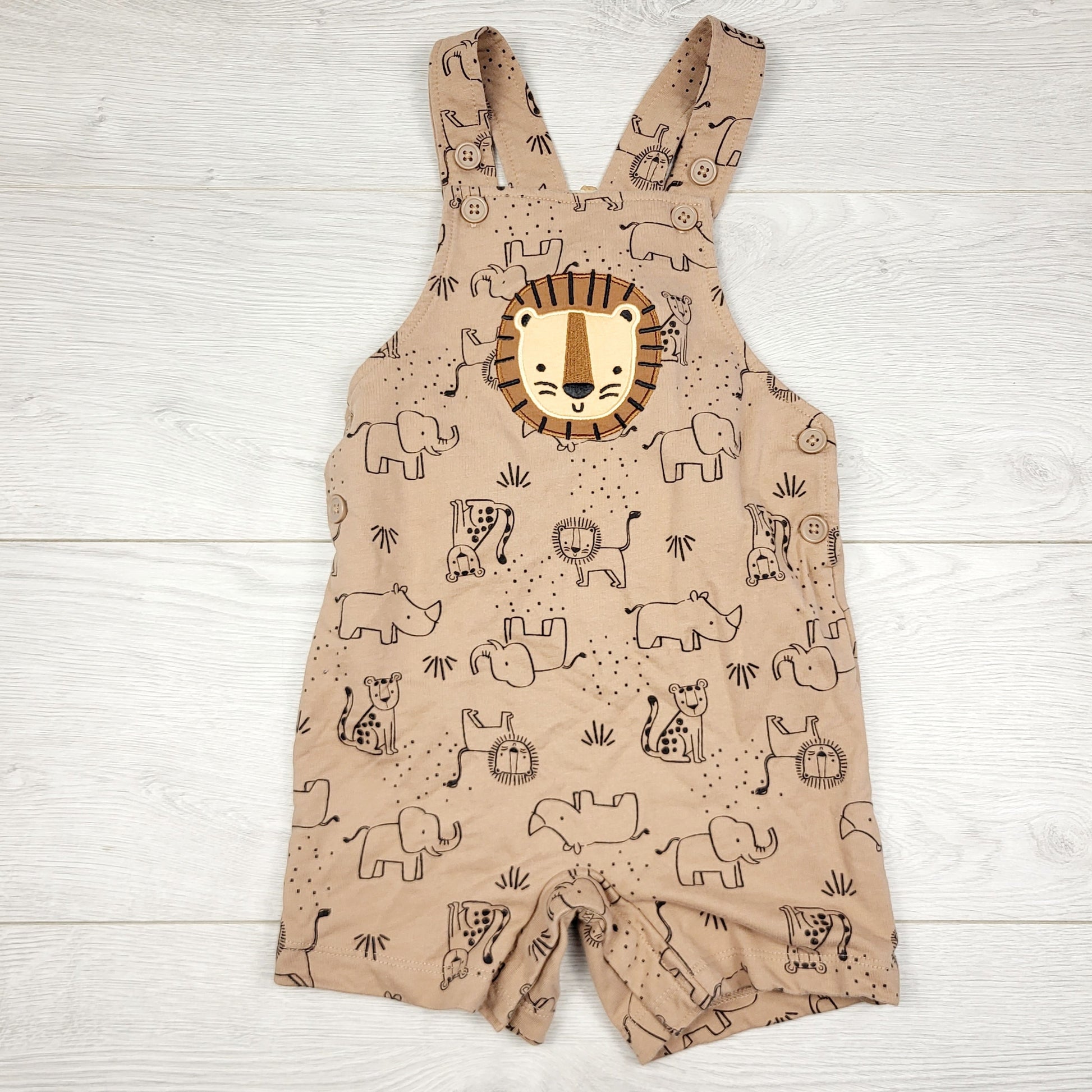 TBOW2 - Salopette courte en coton marron Pekkle avec motif lion. Taille 24 mois