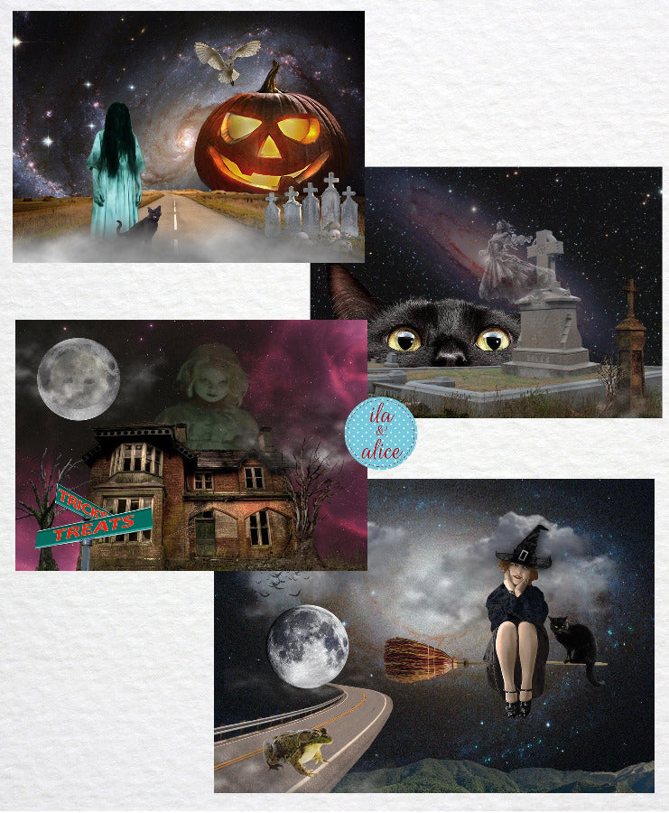 Haunted Halloween Collage Art Postcards