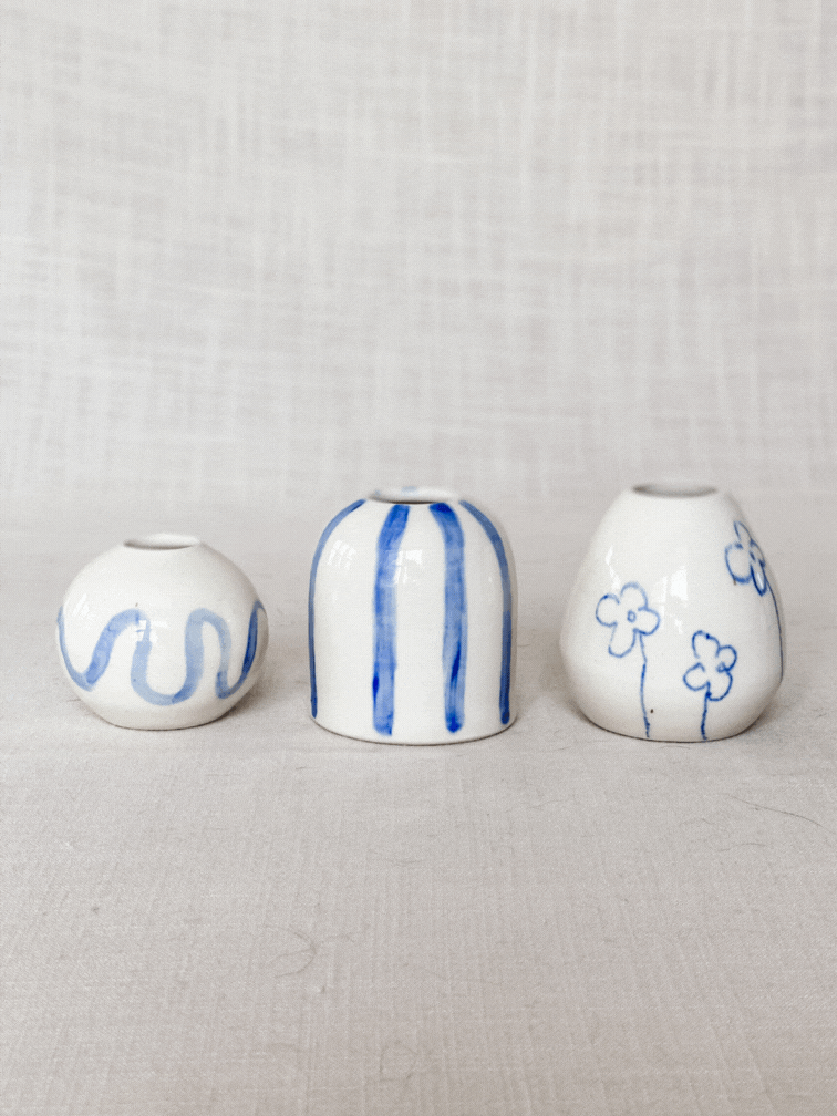 handmade pottery white porcelain bud vase hand painted blue designs