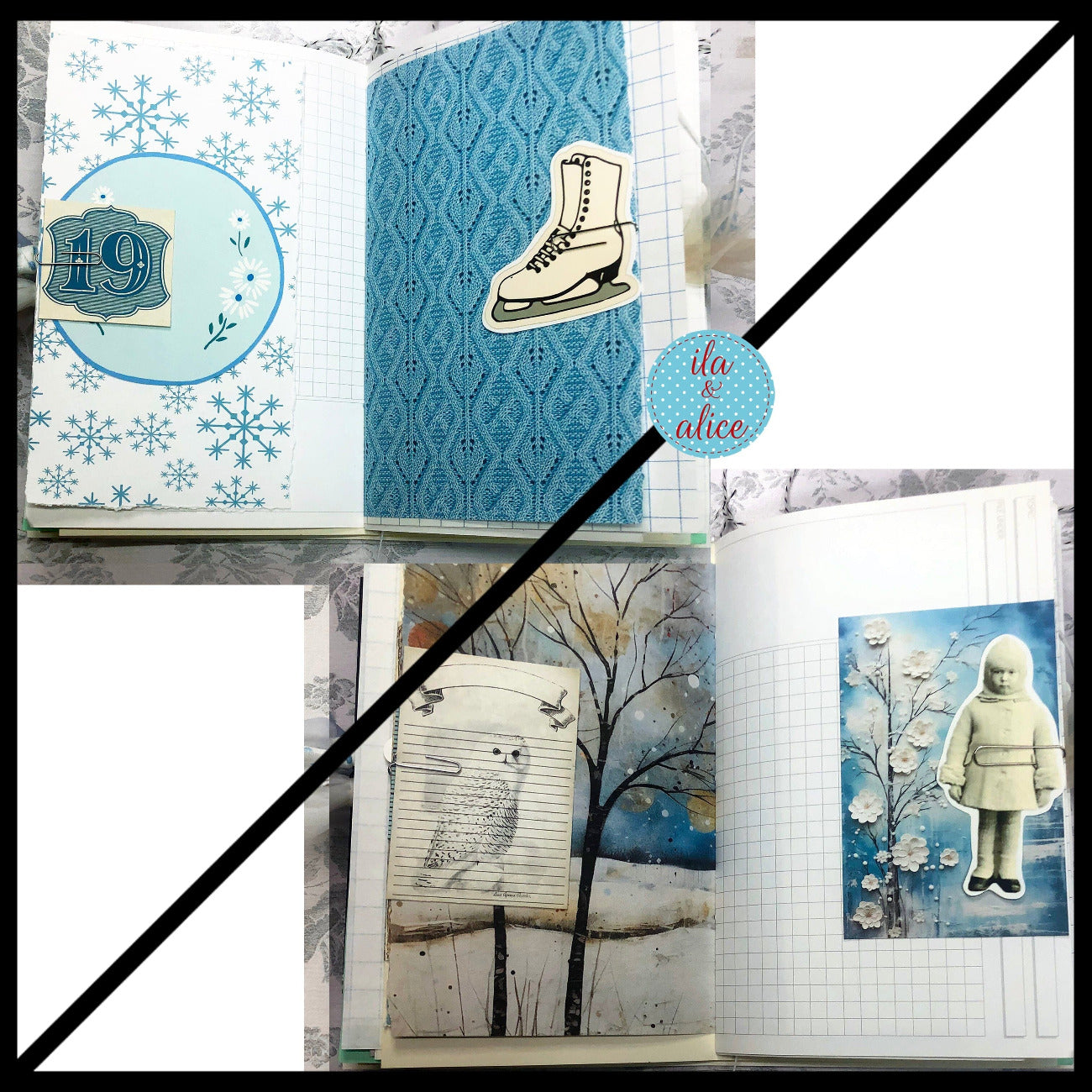 Blue Winter Junk Journal with Owl & Blue Bird