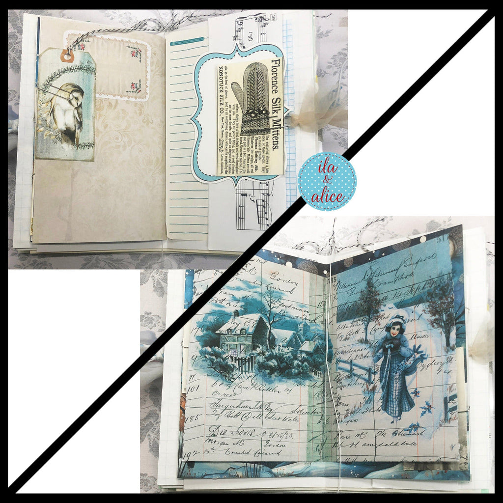 Blue Winter Junk Journal with Owl & Blue Bird