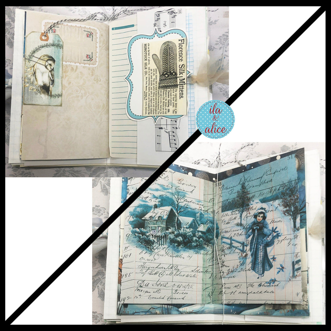 Blue Winter Junk Journal with Owl & Blue Bird