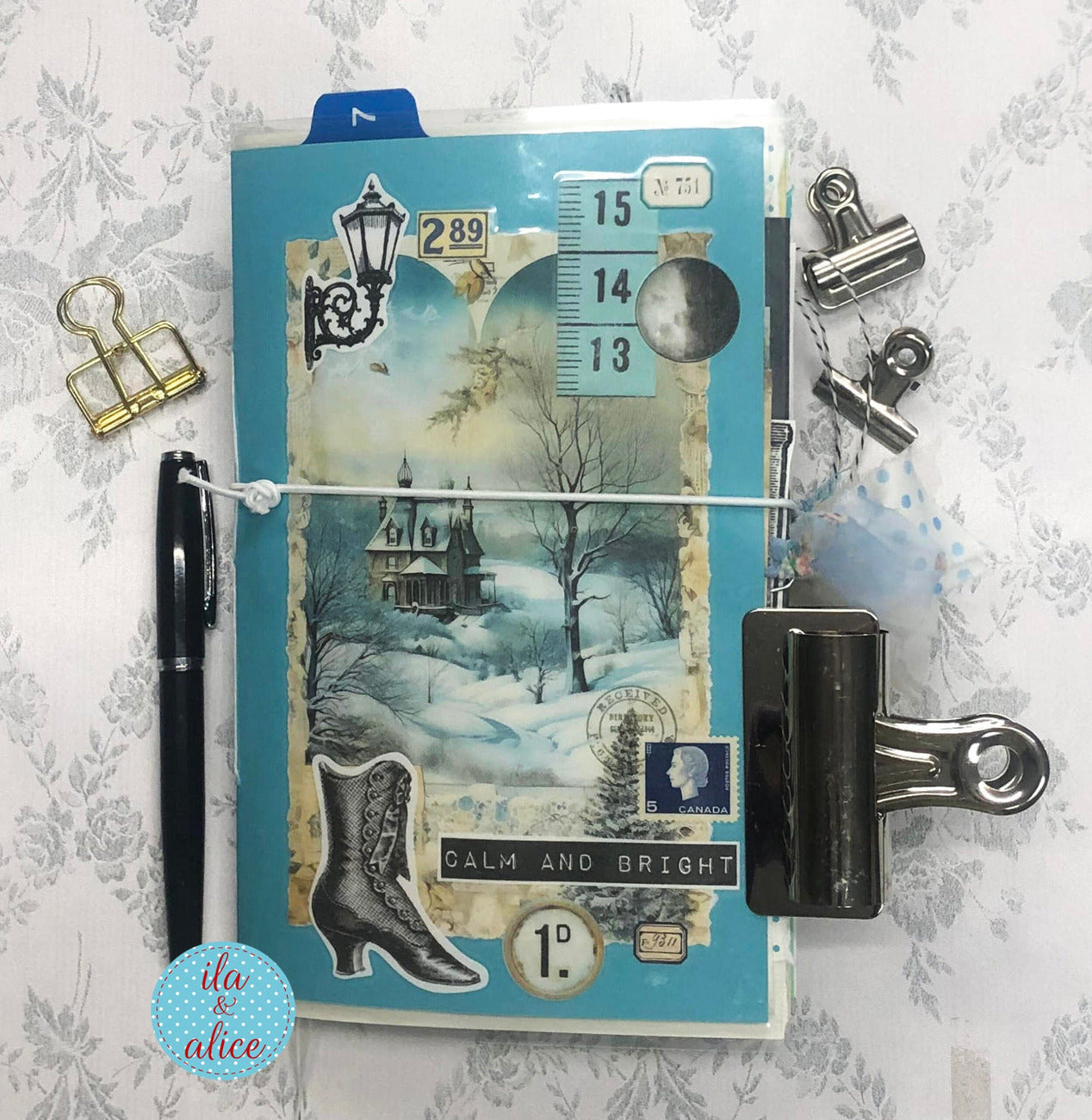 Blue Winter Junk Journal with Winter Wonderland Scene