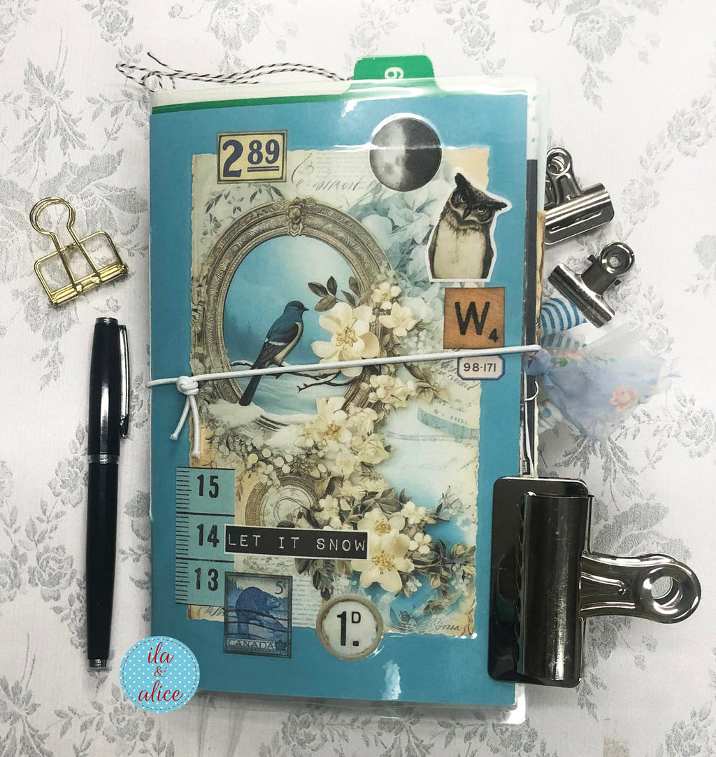 Blue Winter Junk Journal with Owl & Blue Bird