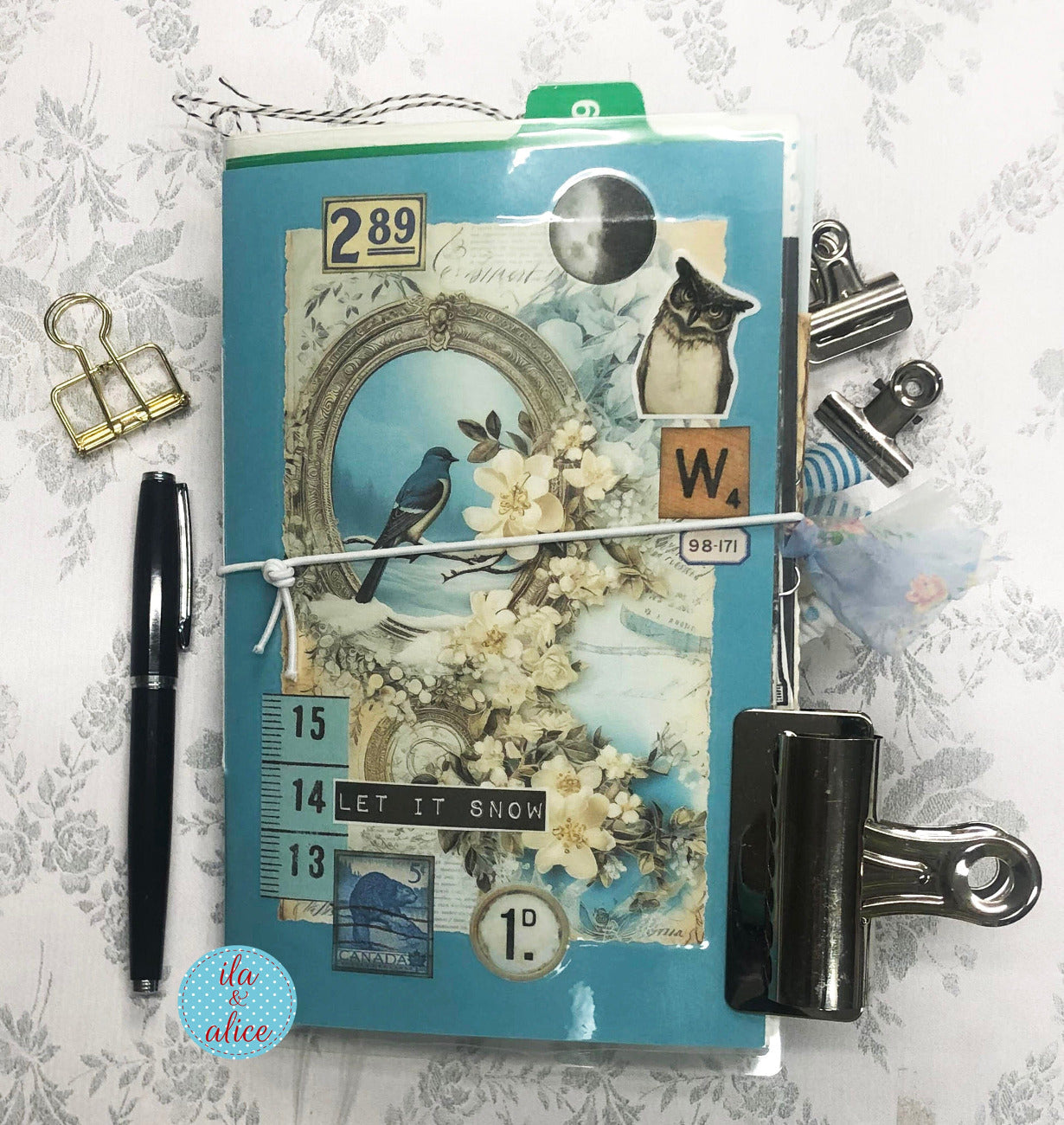 Blue Winter Junk Journal with Owl & Blue Bird