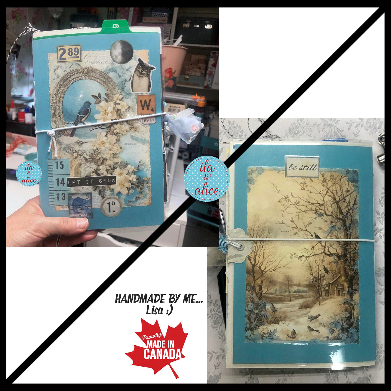 Blue Winter Junk Journal with Owl & Blue Bird