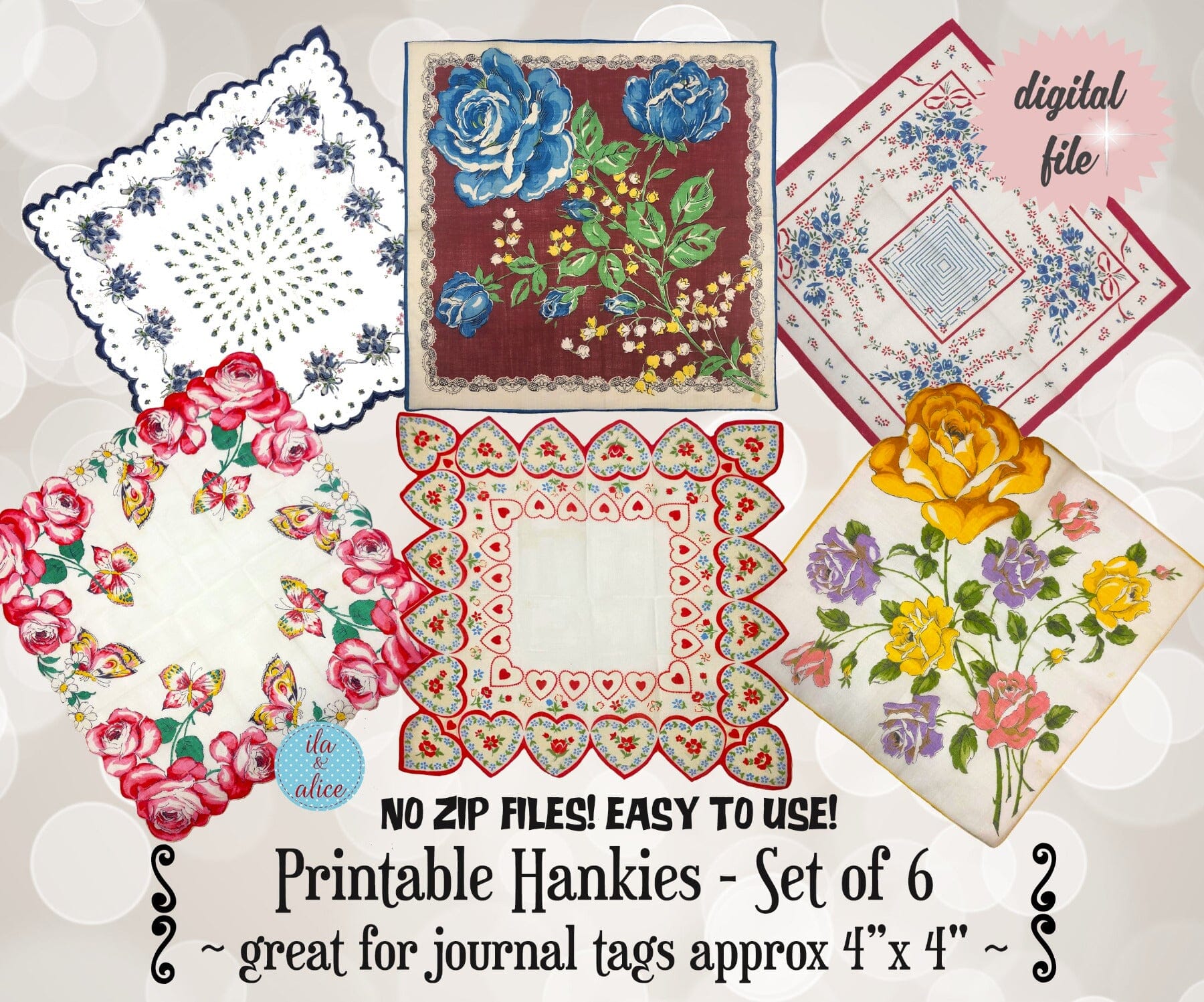 Pretty Floral Digital Hankies-Set of 6 Printable Vintage Hankies