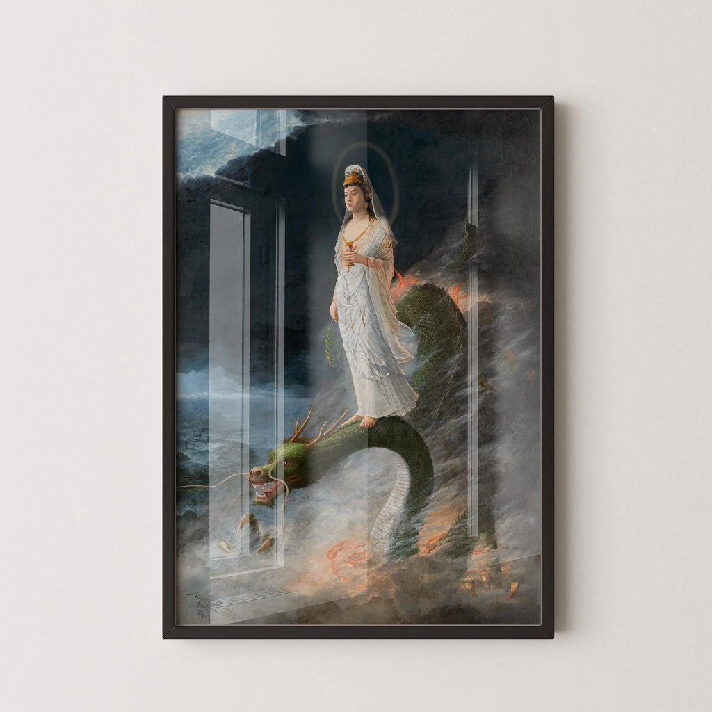 Harada Naojiro - Bodhisattva Kannon chevauchant un dragon | IMPRESSION | Art de style yoga japonais (disponible encadrée à la main ou non encadrée)