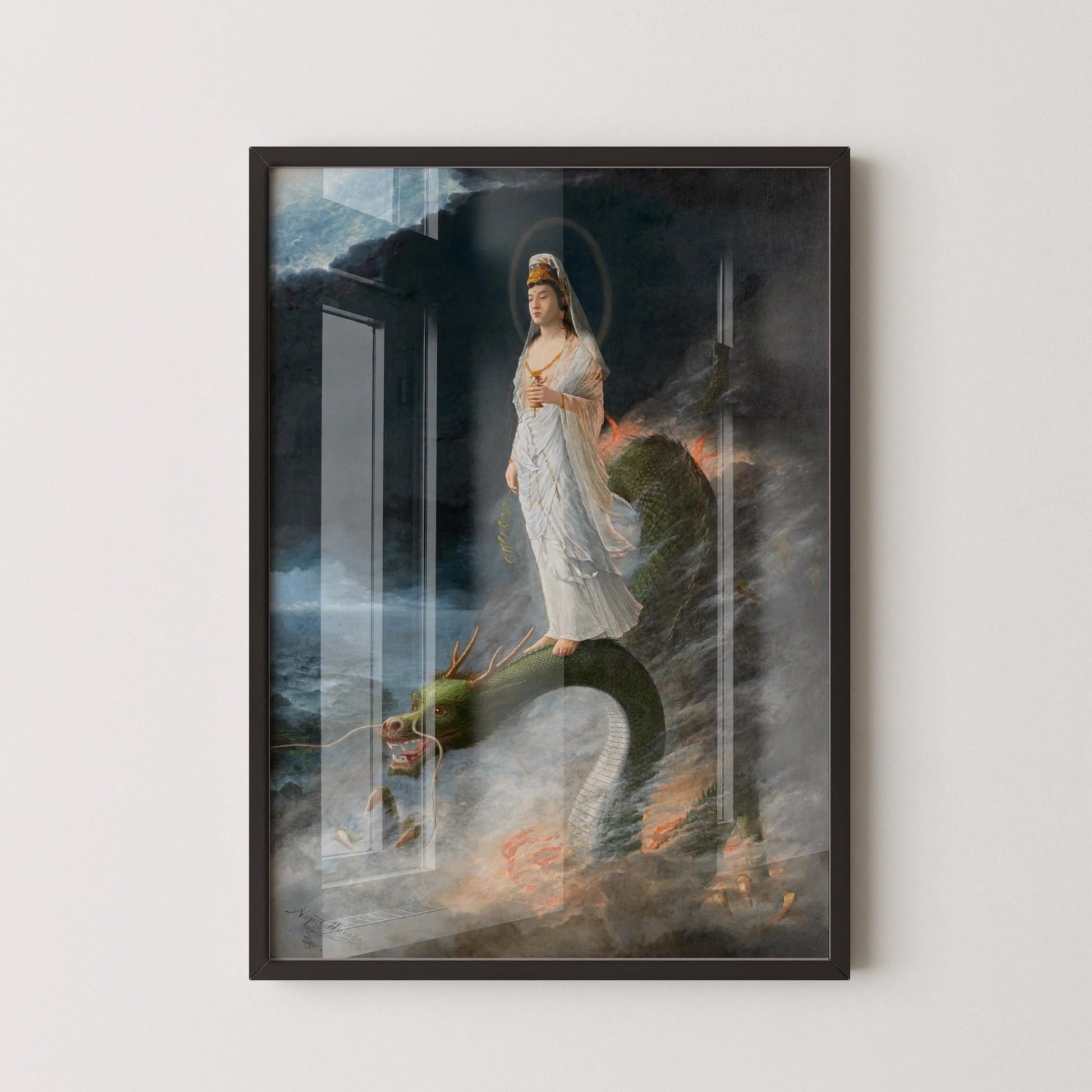 Harada Naojiro - Bodhisattva Kannon chevauchant un dragon | IMPRESSION | Art de style yoga japonais (disponible encadrée à la main ou non encadrée)