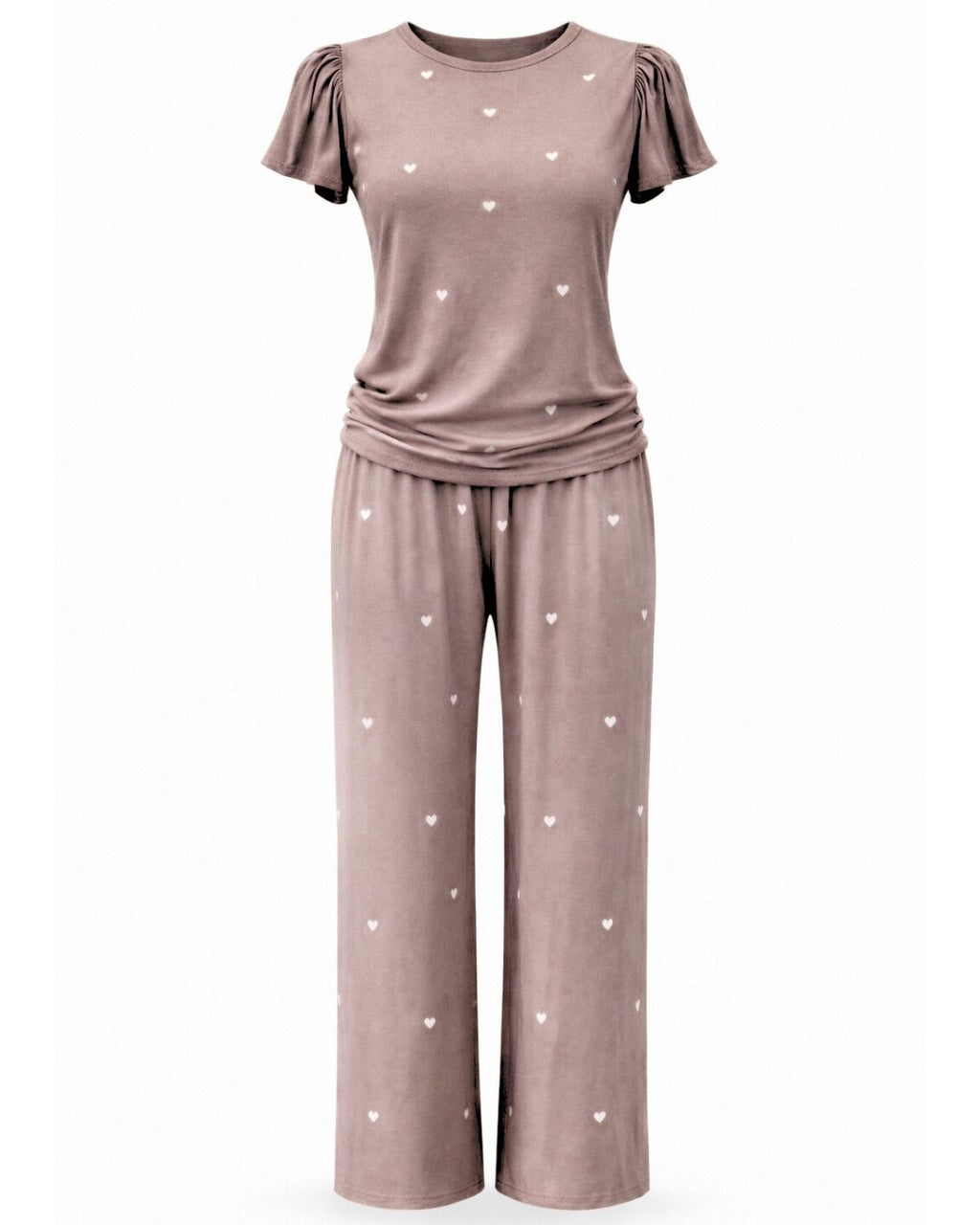 Heartfull PJ – Silky Printed Pajama Set 2PC In Mochacinno Hearts
