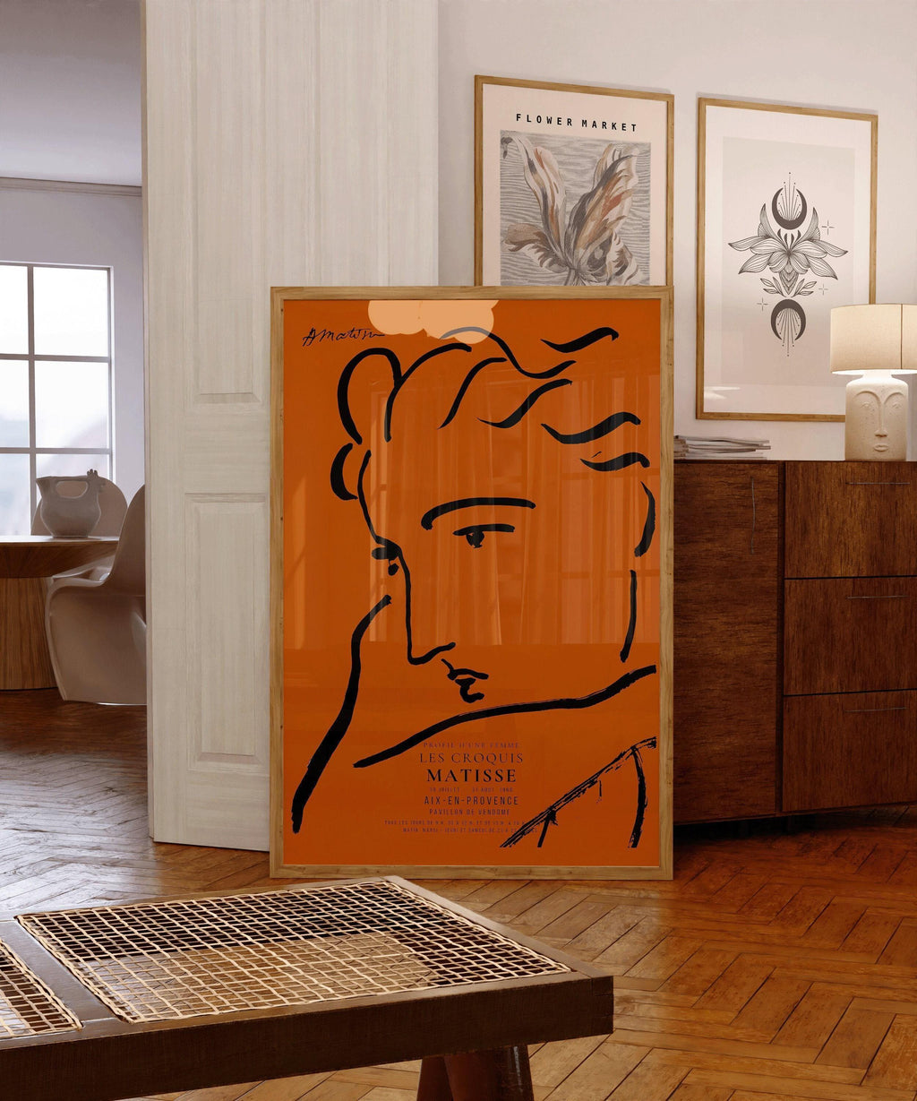 Henri Matisse - Profil de femme | Croquis célèbre en orange et noir (disponible encadré à la main ou non encadré)
