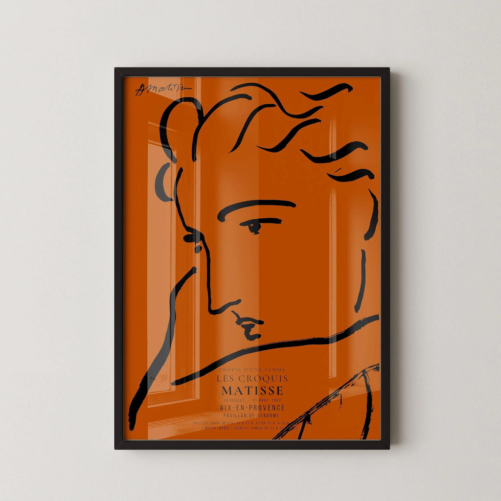 Henri Matisse - Profil de femme | Croquis célèbre en orange et noir (disponible encadré à la main ou non encadré)