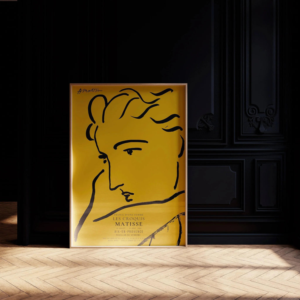 Estampe d'art d'Henri Matisse, profil de femme : croquis jaune et noir, impression giclée sur papier Hahnemühle
