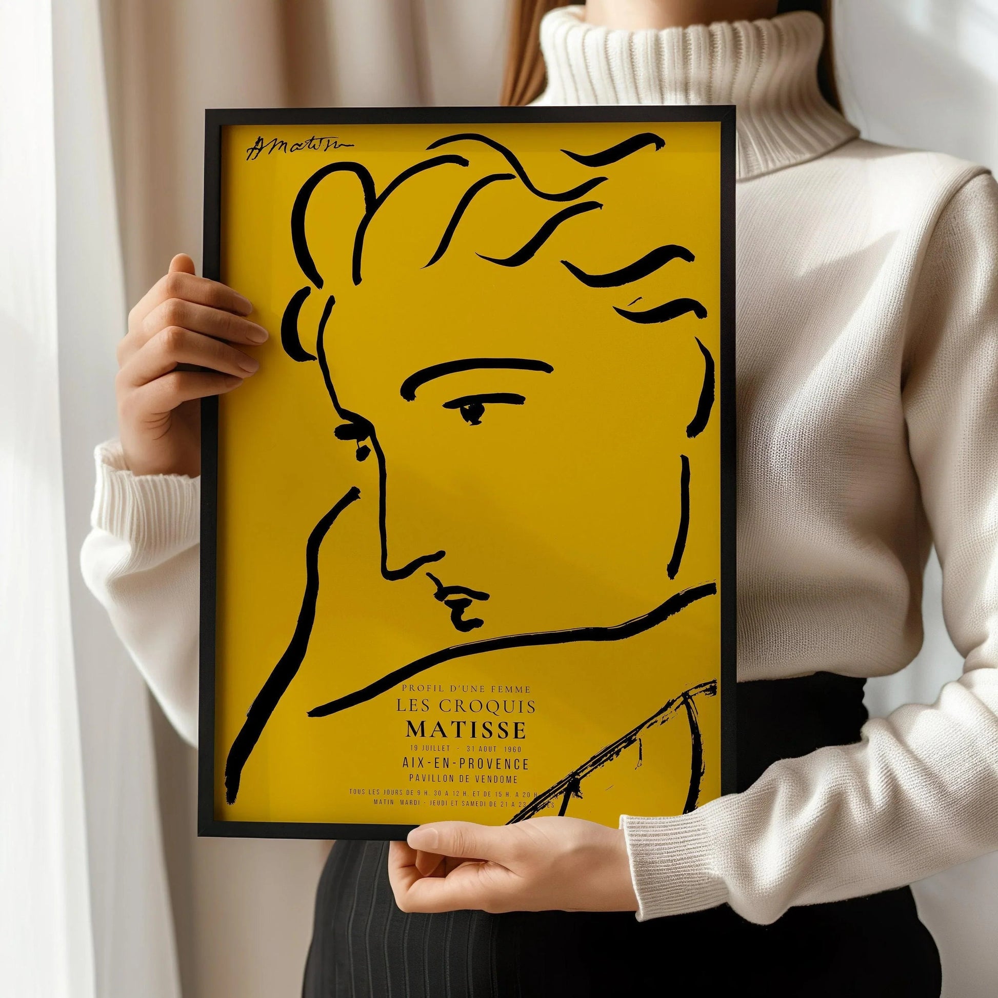 Estampe d'art d'Henri Matisse, profil de femme : croquis jaune et noir, impression giclée sur papier Hahnemühle
