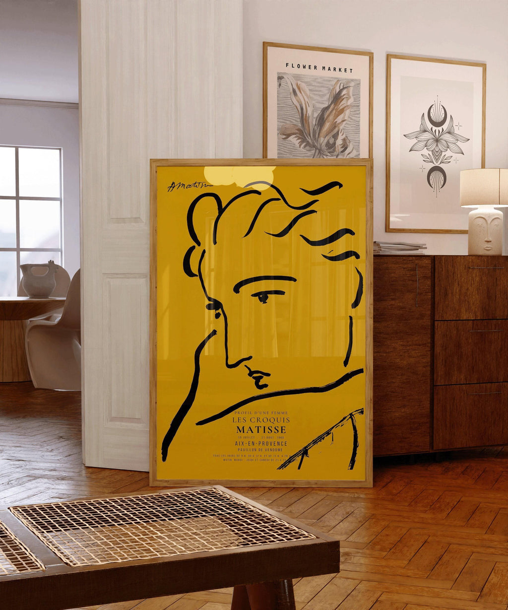 Estampe d'art d'Henri Matisse, profil de femme : croquis jaune et noir, impression giclée sur papier Hahnemühle