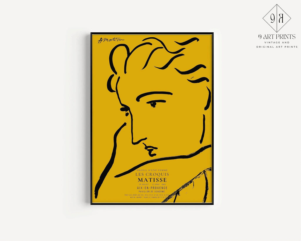 Estampe d'art d'Henri Matisse, profil de femme : croquis jaune et noir, impression giclée sur papier Hahnemühle