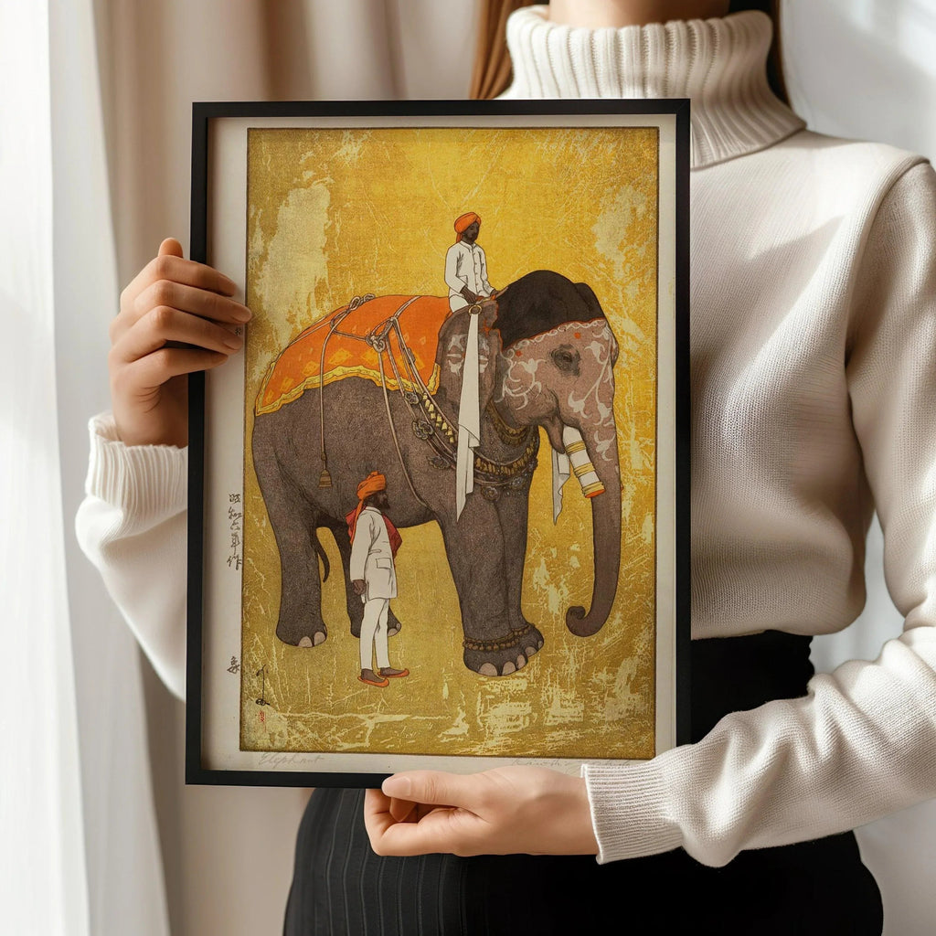 Estampe d'éléphant d'Hiroshi Yoshida : Art japonais ancien sur bois