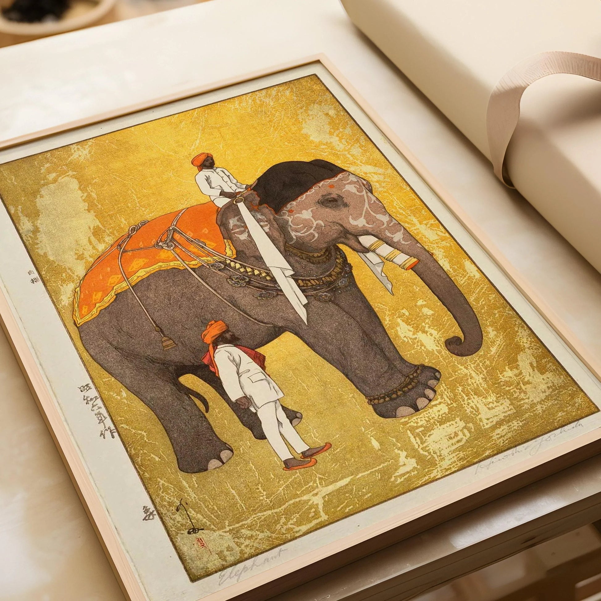 Estampe d'éléphant d'Hiroshi Yoshida : Art japonais ancien sur bois