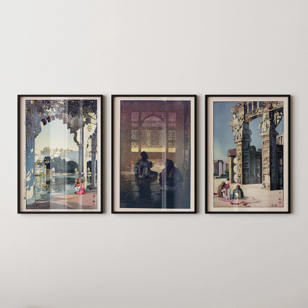 Trio d'estampes japonaises d'Hiroshi Yoshida : Udaipur, Fatehpur Sikri, Sanchi