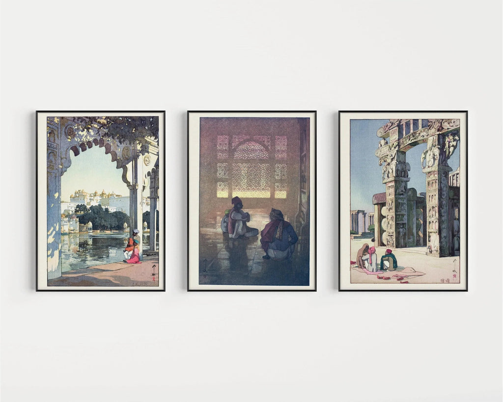 Trio d'estampes japonaises d'Hiroshi Yoshida : Udaipur, Fatehpur Sikri, Sanchi