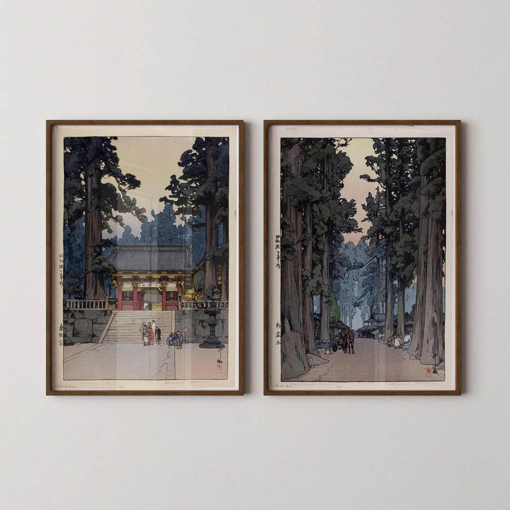 Ensemble d'estampes japonaises sur bois d'Hiroshi Yoshida : Sanctuaire Toshogu et avenue Cryptomeria