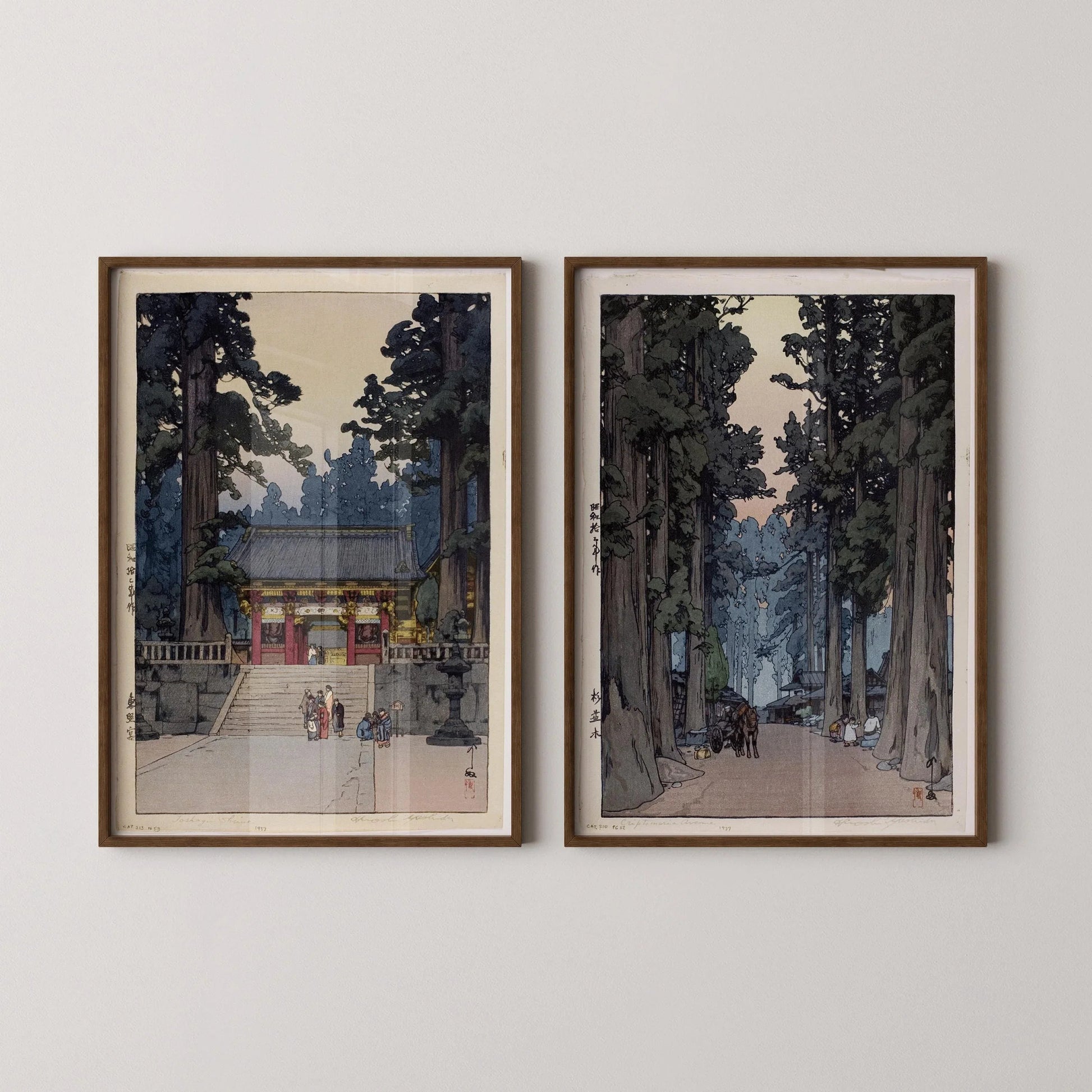 Ensemble d'estampes japonaises sur bois d'Hiroshi Yoshida : Sanctuaire Toshogu et avenue Cryptomeria