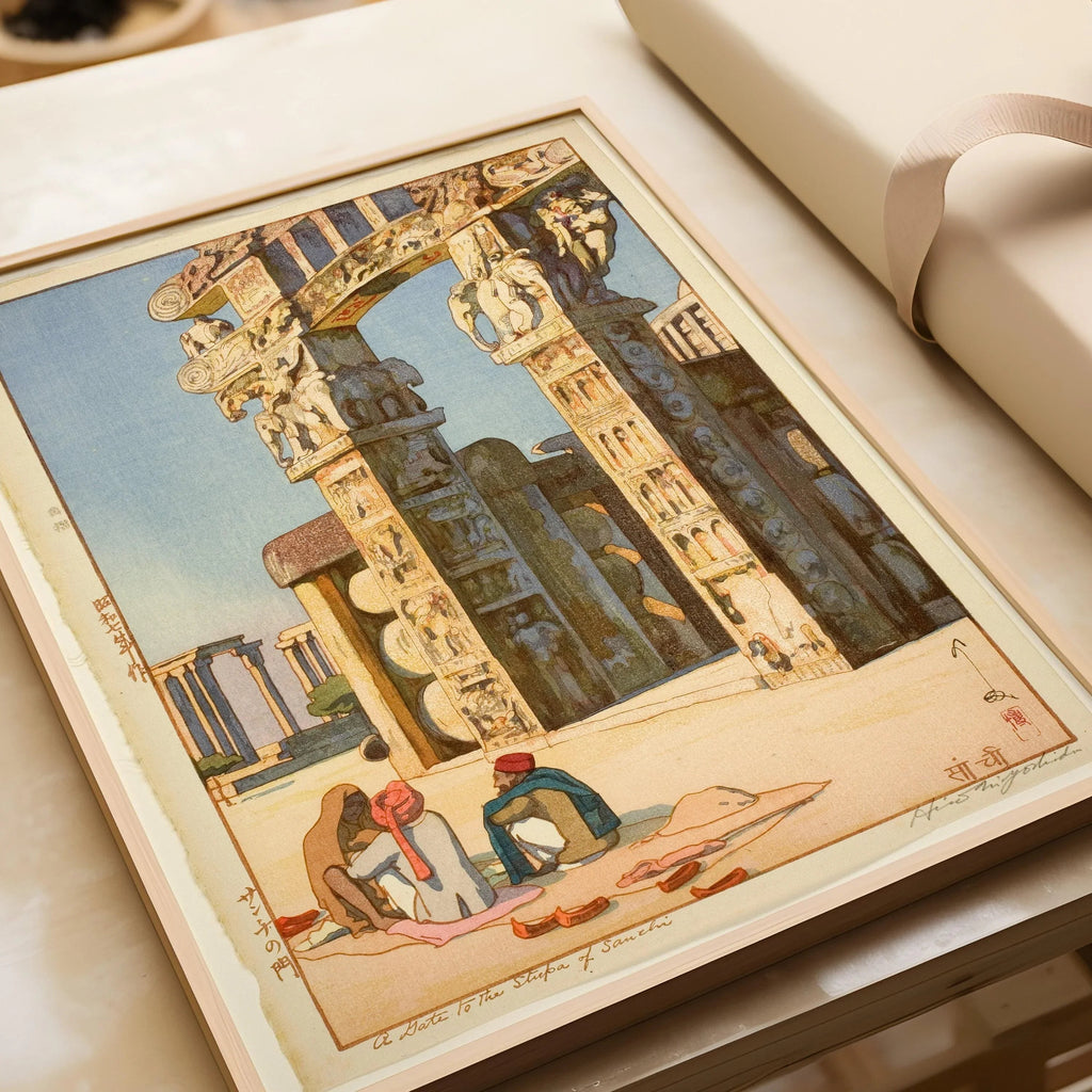 Estampe d'Hiroshi Yoshida : Art japonais sur bois - Porte du stupa de Sanchi