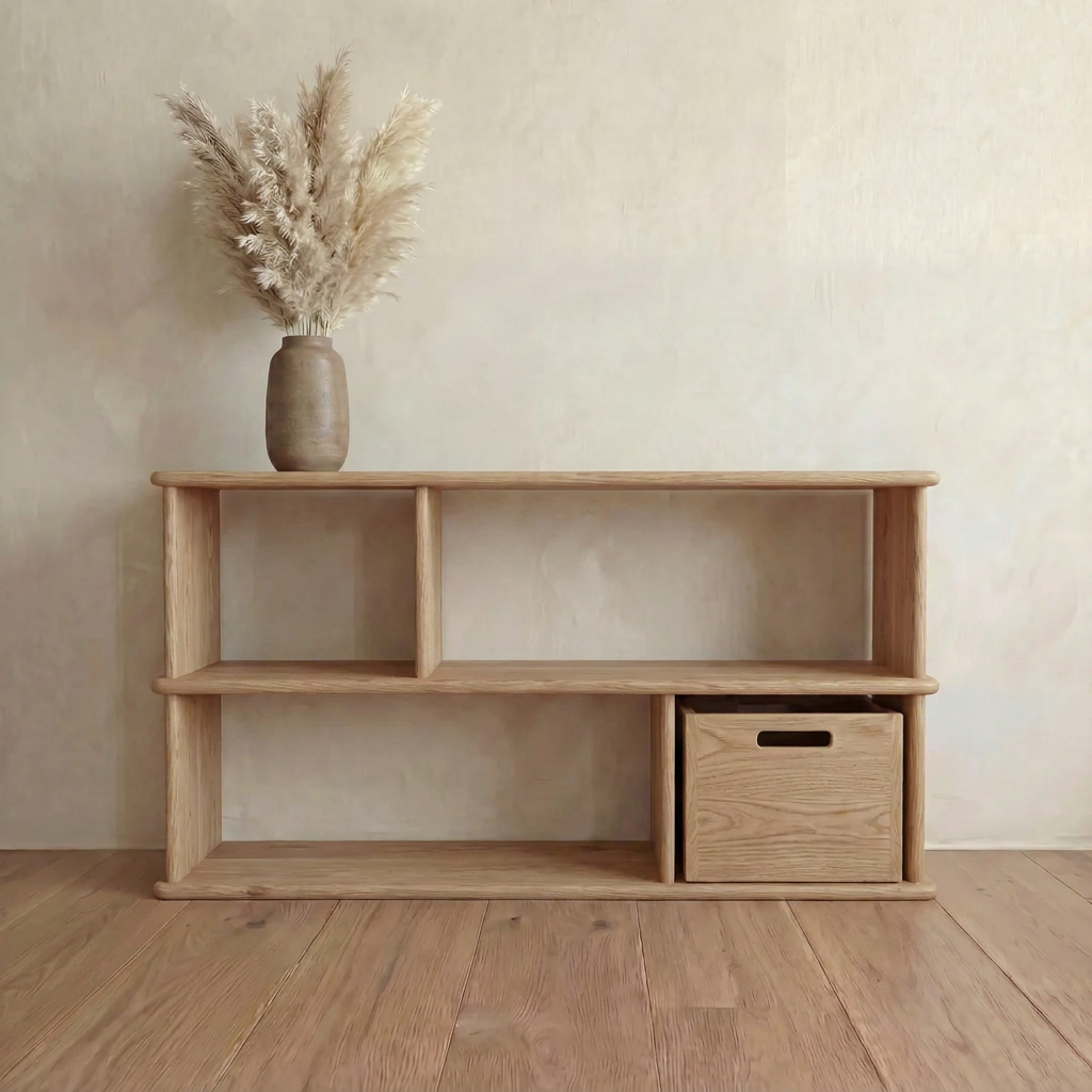 Horizontal bookshelf in white oak