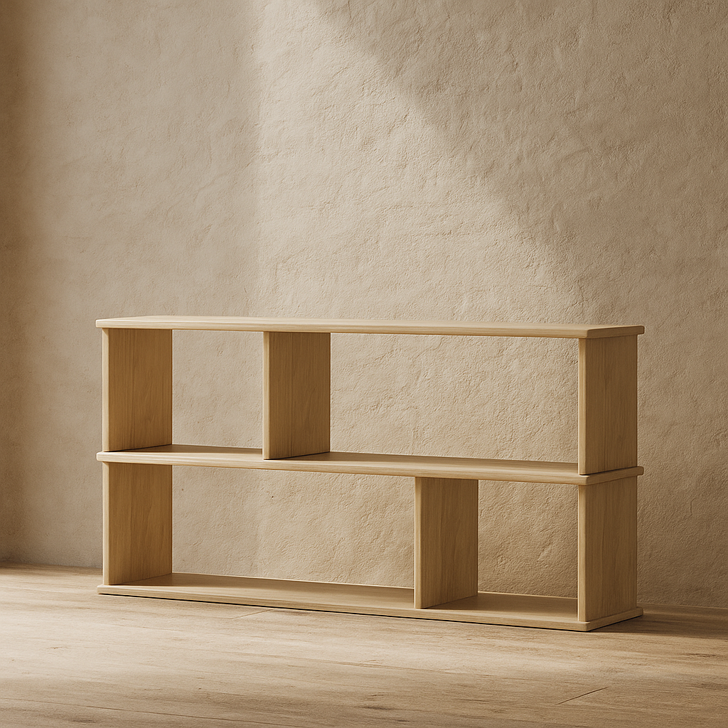 Horizontal bookshelf in white oak